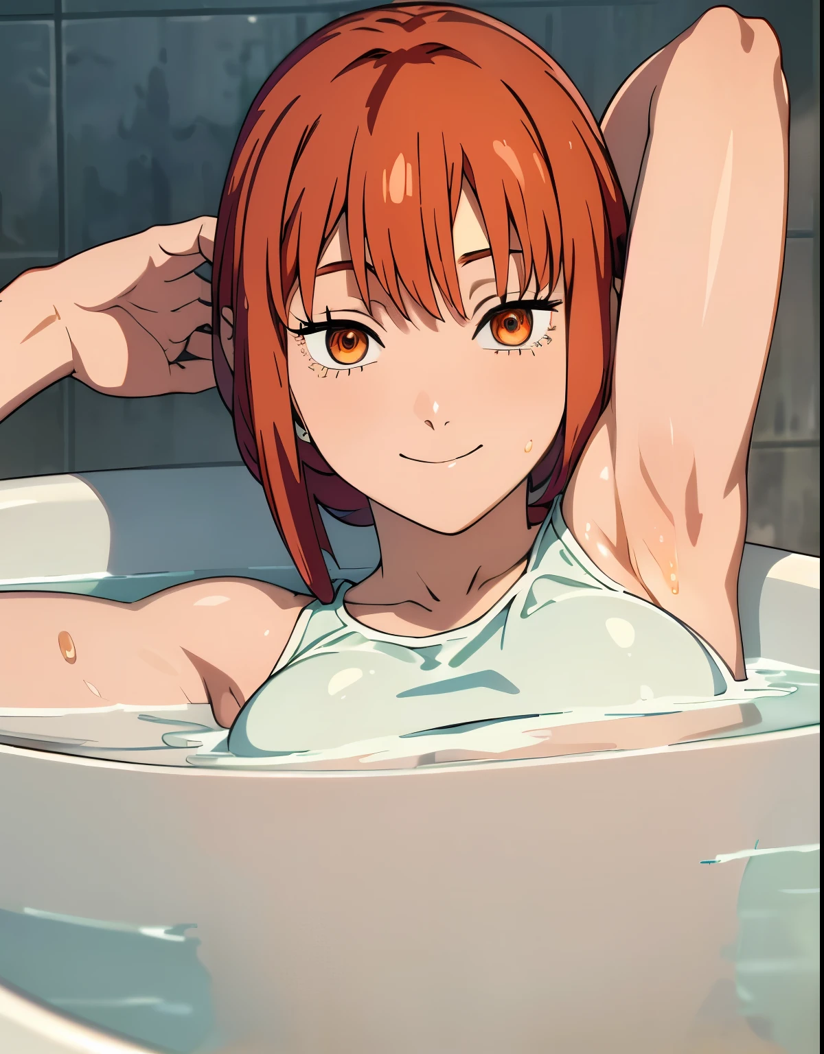 (masterpiece, best quality, high resolution, animescreencap, anime colored,), (perfect anatomy, beautiful detailed eyes, beautiful detailed body, beautiful breast, shiny skin), 1girl, red hair, side bangs, braided ponytail, medium breasts, smiling,orange eyes, ringed eyes,armpits, looking at viewer, ((school swimsuit)), ((wet skin)),(lying in bathtub)),