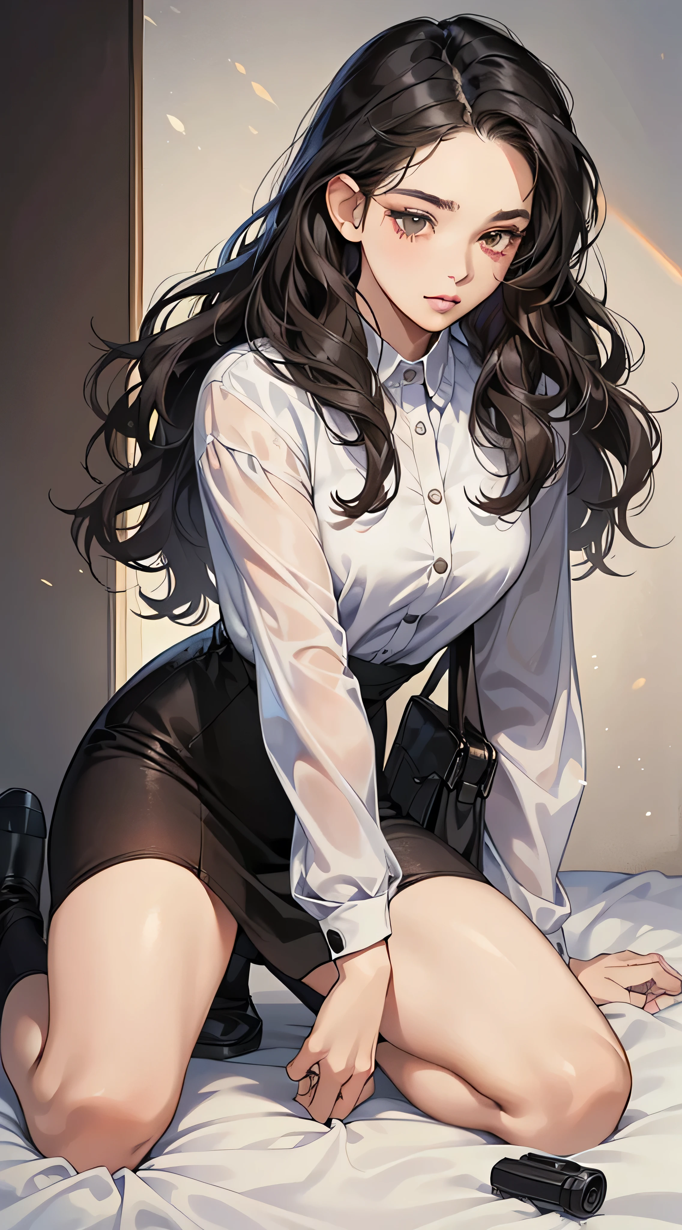 masterpiece, best quality, actual, 1 lady, quiet, Calm and beautiful young woman, 23 years old, ((shut up)), Very detailed, a little distance, whole body ((dark brown eyes)), ((Black hair with wavy bangs)), Bring a gun, Acura, 4k