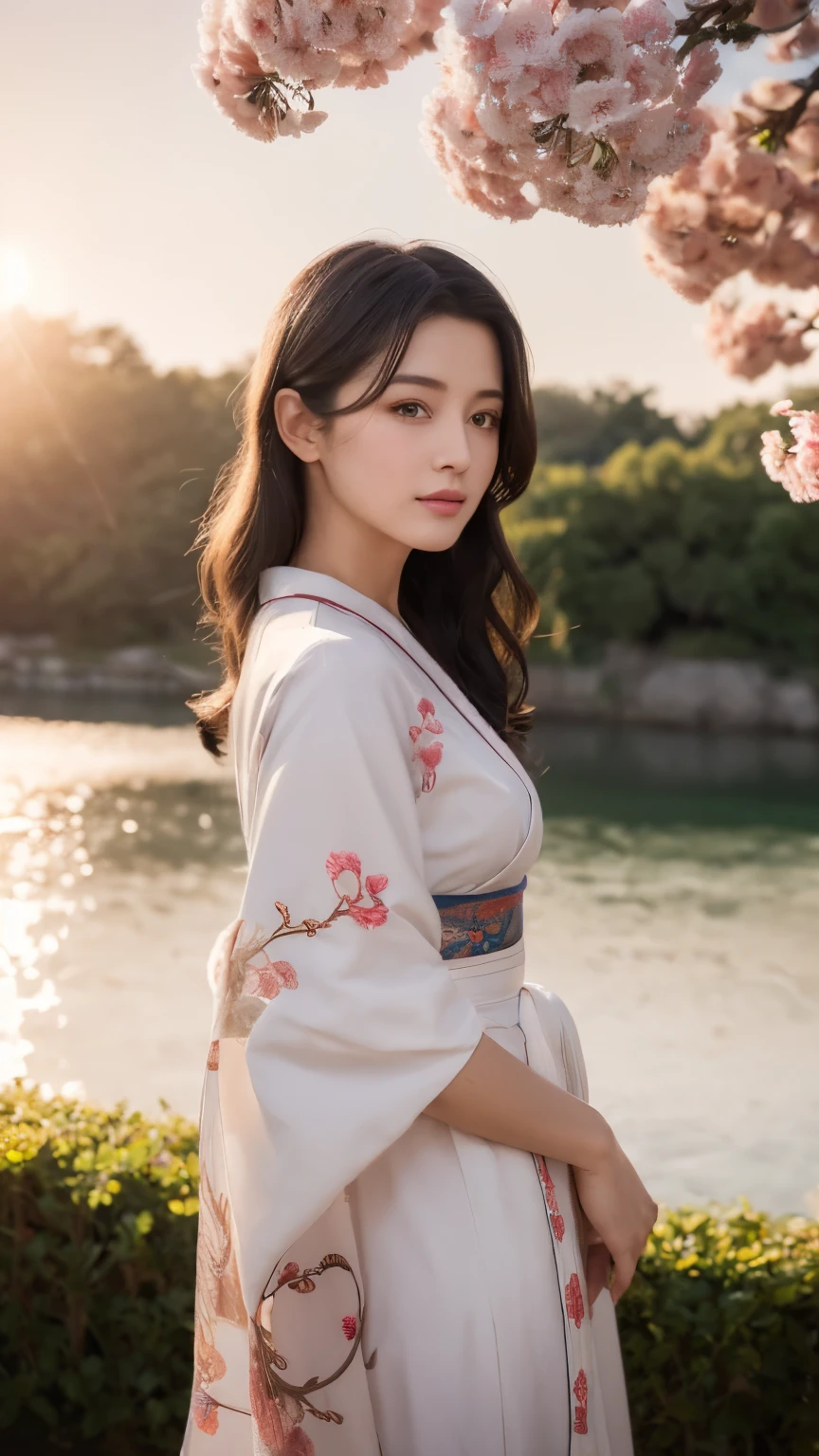 (logo、masterpiece、8k、table top、RAW photo、wonderful、最high quality、Photorealistic and hvery detailed CG integrated 8k wallpaper、high quality、very detailed、narrative poem、particle effects、dynamic effects、Depth of the bounds written、cinematic light、Lens flare、ray tracing)、fantasy、 (1 beautiful woman、white kimono、Japan Dresses、white embroidery pattern、black haired、beautiful face、real face、beautiful details eyes beautiful skin)、Hair flutters in Wind、hair bounces、pink cherry tree、petals dance、SakuraFubuki、Spectacular view、sunrise、sun on background、Wind、god々、tooth、god話、vast land