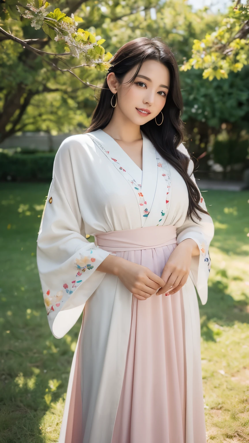 (logo、masterpiece、8k、table top、RAW photo、wonderful、最high quality、Photorealistic and hvery detailed CG integrated 8k wallpaper、high quality、very detailed、narrative poem、particle effects、dynamic effects、Depth of the bounds written、cinematic light、Lens flare、ray tracing)、fantasy、 (beautiful、1 beautiful woman、white kimono、Japan Dresses、white embroidery pattern、black haired、beautiful顔、real face、beautiful細部の目beautiful肌)、Hair flutters in Wind、hair bounces、pink cherry tree、petals dance、SakuraFubuki、Spectacular view、sunrise、sun on background、Wind、god々、tooth、god話、vast land