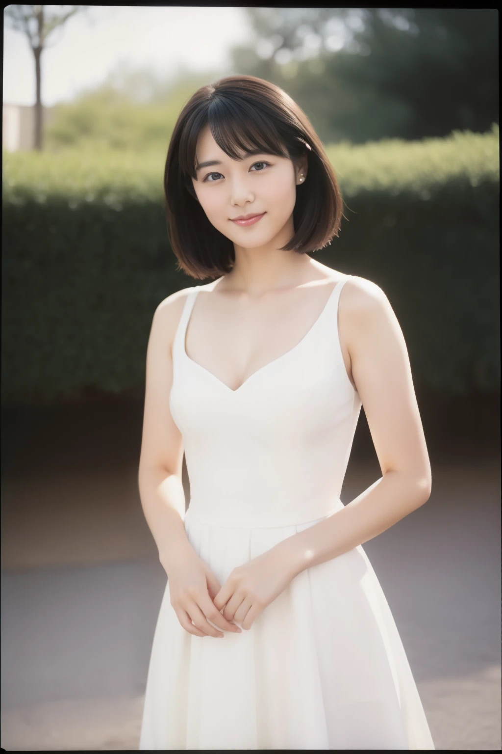 Polaroid photo taken in 1990, Commemorative photo in front of the Japanese school gate, Full body image of Japanese age Princess, Elegant upper-class elite secretary, facing the camera, Elegant smiles, light makeup, Beautifully trimmed black hair, Straight light black hair that reaches to the shoulders, white skin, Wear a tight dress, out of focus