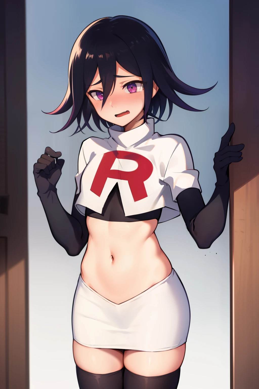 absurdres, cowboy shot, solo, male focus, trap, 1boy, crossdressing,1boy, oma kokichi, team rocket,team rocket uniform,white skirt,red letter R,crop top,black thigh-highs,black elbow gloves, embarrassed, blush