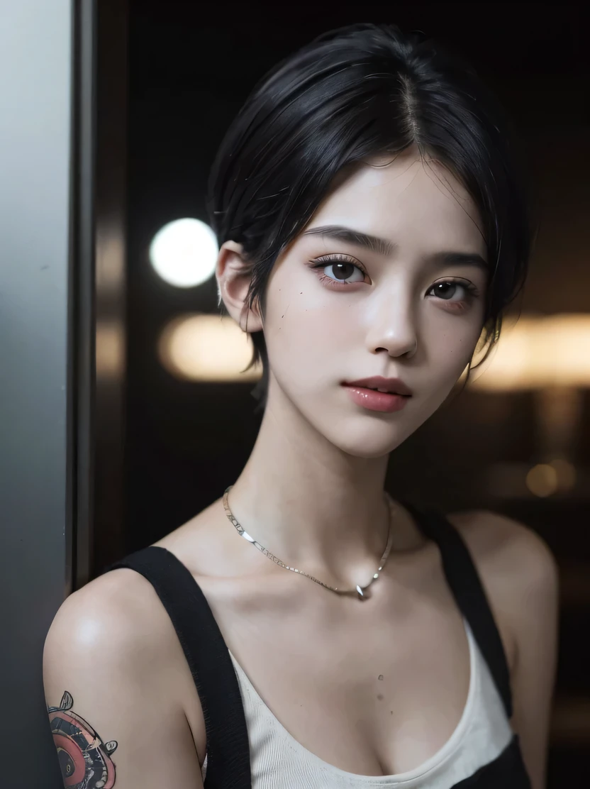 ((masterpiece、highest quality、Super detailed、High resolution、realistic、sharp focus、cinematic lighting))、(1 girl)、bust shot、(black hair、boyish short hair、high top fade、all back)、beautiful face、beautiful hairstyle、symmetrical eyes、beautiful eyes、beautiful skin、smile、attractive appearance、fold your arms、punkロックファッション、view audience、punk