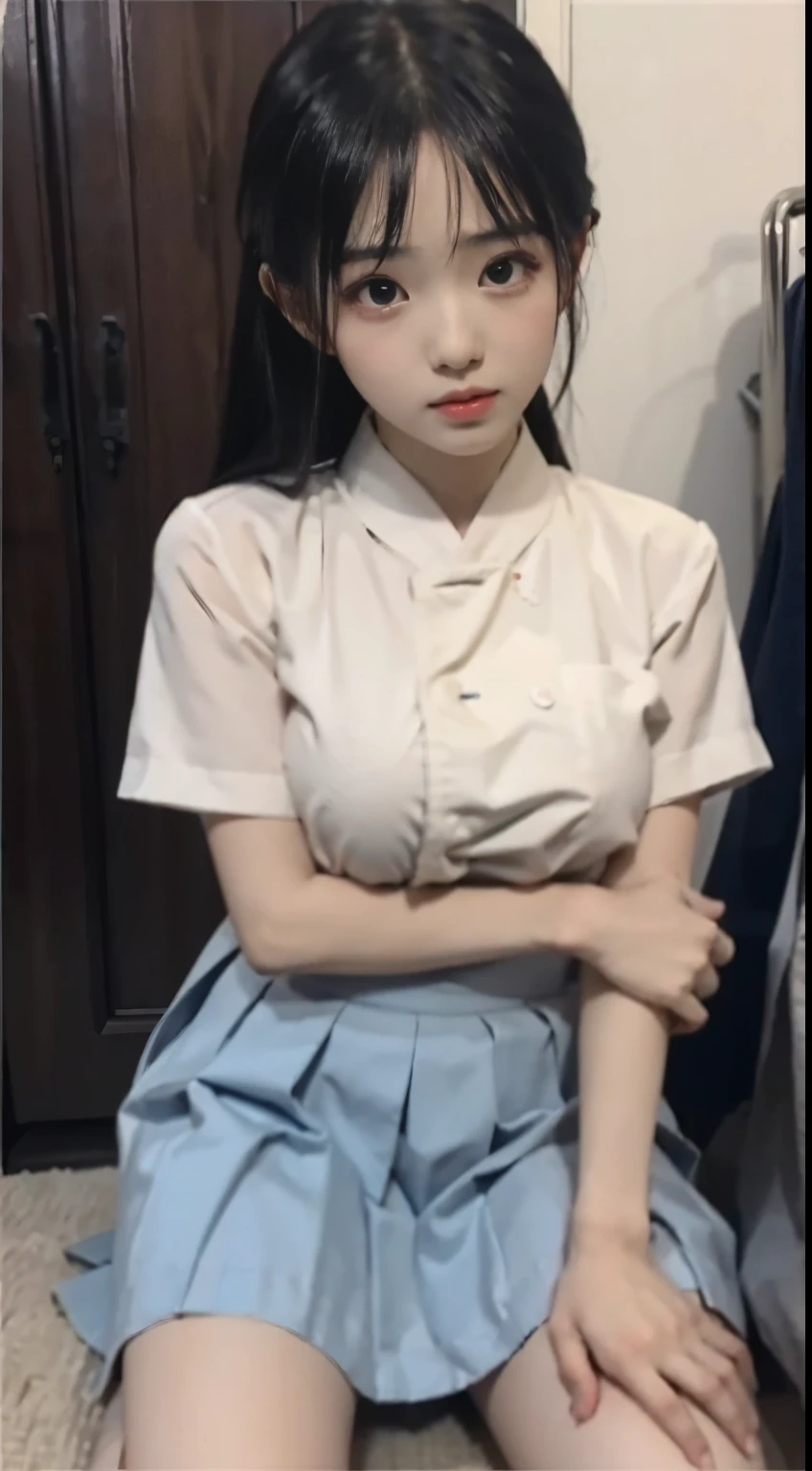 Master quality, highest quality, best picture quality, exaggerated details, a cute 8 year old asian little girl with a shy expression, slightly squinted eyes, adjusting her hair, long eyelashes (long hair / very, very exaggerated big breasts _ tits / in hanfu chinese thin silk qipao dress, short skirt), posing sit in front of the camera, wet throught breast Petticoat