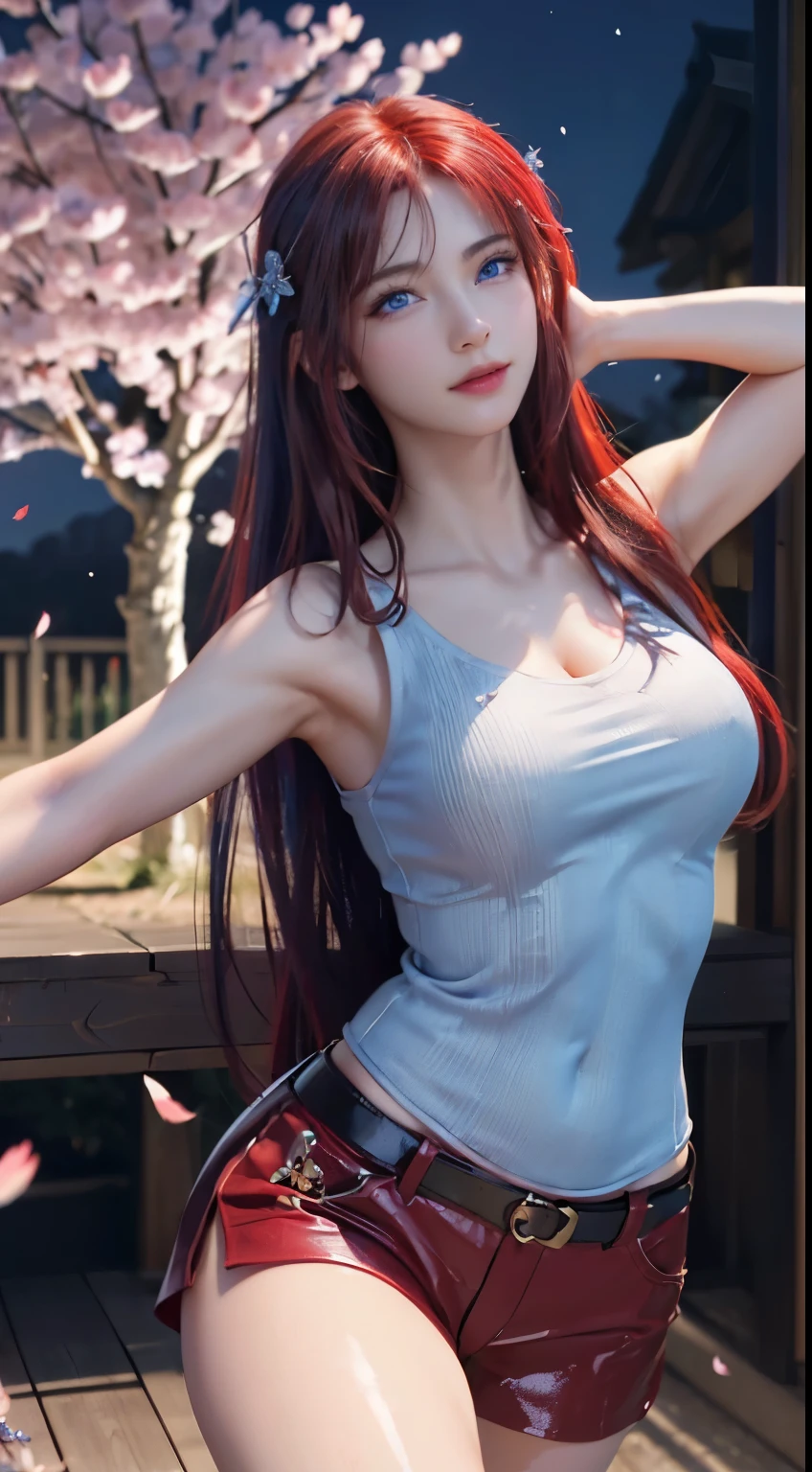 (logo, masterpiece, 8k, table top, RAW photo, wonderful, 最high quality, Photorealistic and hvery detailed CG integrated 8k wallpaper, high quality, very detailed, Narrative poem, particle effects, dynamic effects, written boundary depth, cinematic light, Lens flare, ray tracing)), fantasy, ((1 beautiful woman, clear blue eyes, red long hair, beautiful face, real face, beautiful detailed eyes, beautiful skin, woman dancing gracefully:1.7, woman dancing gracefully:1.7)), 長い髪がWindでなびく, long hair bounces, 長い髪がWindで踊る, hair jump, halter neck, red leather pants, red leather jacket, red bodysuit, silver earrings, ((night, Wind, darkness, moon light, full moon, night空, Wind, cherry blossoms, cherry blossomsの花びらが舞っている, cherry blossoms吹雪, falling petals, flying petals)), hip up