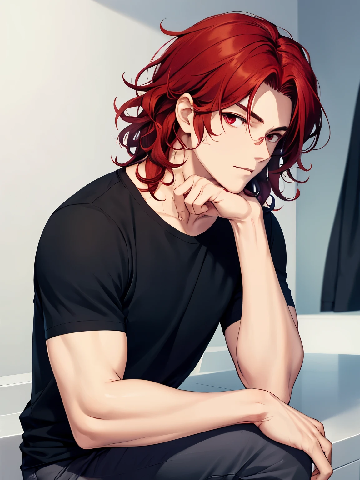 1boy, cool style,Black t-shirt, Facing right, look away, hitting pose,camera angle from the side,handsome,Shoulder length hair,curly hair, red hair,black trousers, black shirt, red eyes, vampire