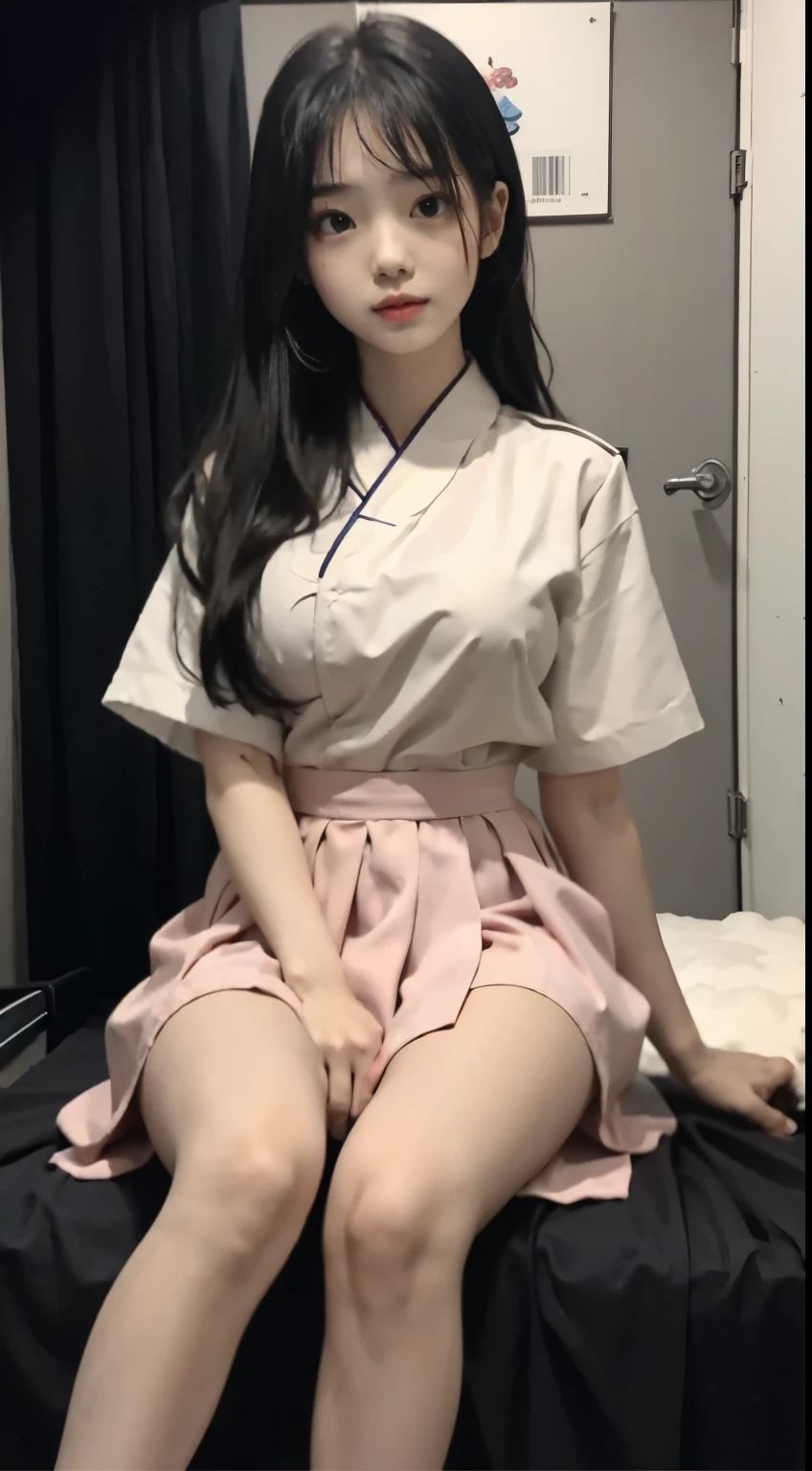 Master quality, highest quality, best picture quality, exaggerated details, a cute asian with a shy expression, slightly squinted eyes, adjusting her hair, long eyelashes (long hair / very, very exaggerated big breasts, big tits / in uniform school thin silk qipao dress, short skirt), posing sit in front of the camera, wet throught breast Petticoat, detai 8k, lace cloth thin the fabric is thin and you can see the skin