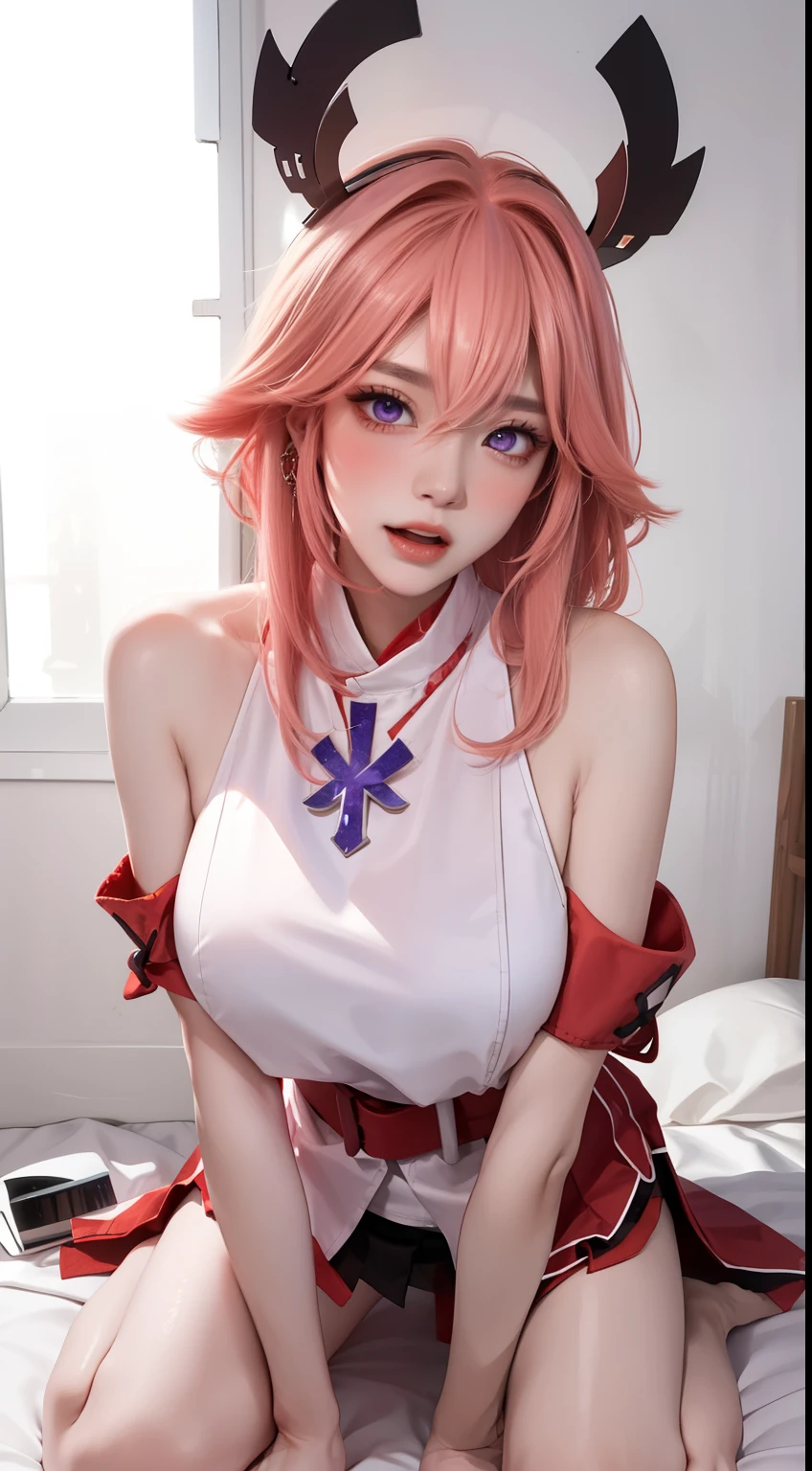 (best quality, masterpiece, high resolution丁达尔效应,lifelike, dark studio, edge lighting, two color lights,(High detail skin:1.2), 8K Ultra HD, SLR camera, soft light, high quality, Volumetric lighting, confess, photo, high resolution, 4k, 8k), 1 girl , bare arms , bare shoulders , barefoot , bed sheet , Blurred foreground , blush , breast , center trim , Cross bangs , Awkward , black shirt , fur trim , short skirt , hair between eyes , hair intake , Put your hands on your chest , kneeling , large breast , lean forward , long hair ,pink hair,headgear, huge ,looking at the audience , nose blush , open mouth , short skirt , purple eyes , Red hair , red belt , skirt , sleeveless tops , alone , wavy mouth , White shirt, Rika Ichijo (Holographic live broadcast)