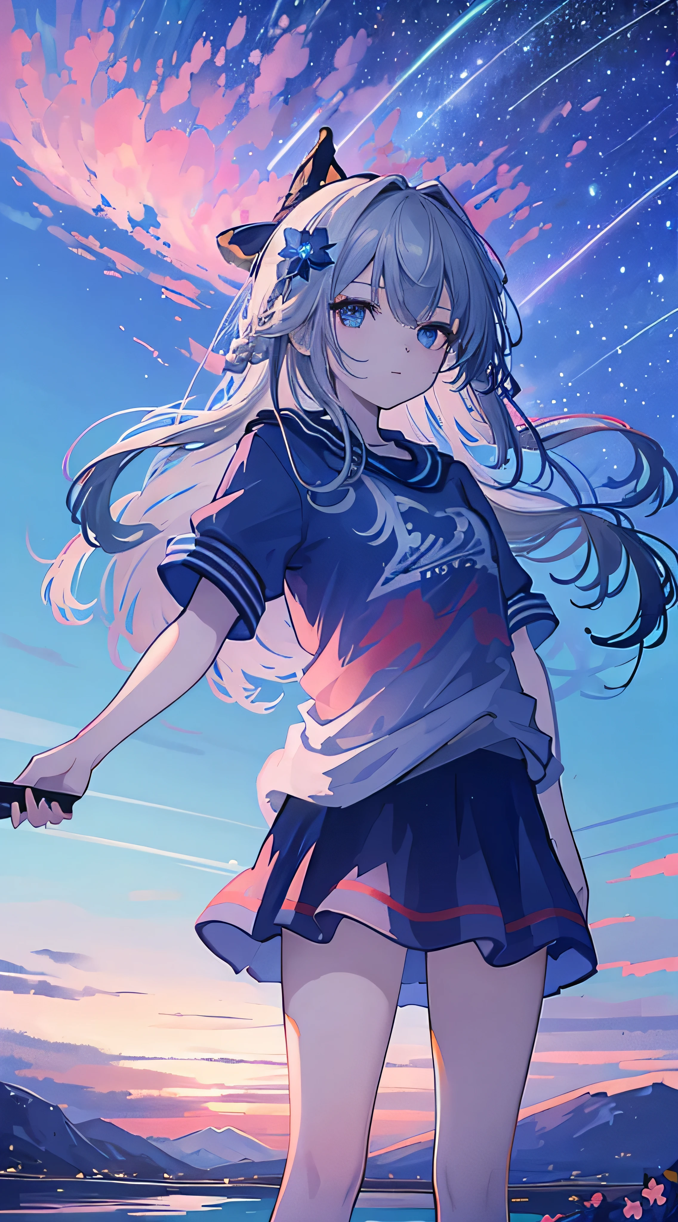 1girl, ultra sharp, maximum quality, masterpiece, 8K, detailed eyes, 1girl, shiroko model, young girl, long hair, multicolor hair, grey hair, blue flower hair ornaments, T - shirt, stocking, deep blue eyes, pretty eyes, Katana, in the mountains with flower fields, beautiful sunset, gradient sky, shooting stars