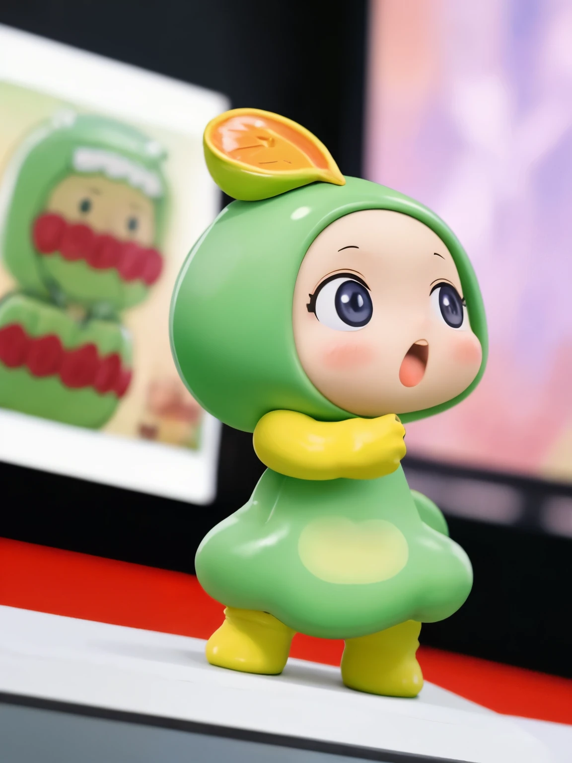 blindbox、Chibi girl acting on stage、wearing a cute fruit costume、action、yawning face、Take a photo from the side
