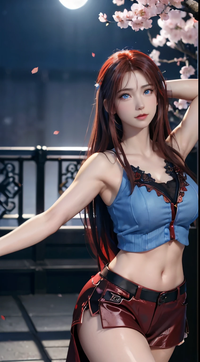 (logo, masterpiece, 8k, table top, RAW photo, wonderful, 最high quality, Photorealistic and hvery detailed CG integrated 8k wallpaper, high quality, very detailed, Narrative poem, particle effects, dynamic effects, written boundary depth, cinematic light, Lens flare, ray tracing)), fantasy, ((1 beautiful woman, clear blue eyes, red long hair, beautiful face, real face, beautiful detailed eyes, beautiful skin, woman dancing gracefully:1.7, woman dancing gracefully:1.7)), 長い赤い髪がWindでなびく, long red hair bounces, 長い赤い髪がWindで踊る, hair jump, halter neck, red leather pants, red leather jacket, silver earrings, ((night, Wind, darkness, moon light, full moon, night空, Wind, cherry blossoms, cherry blossomsの花びらが舞っている, cherry blossoms吹雪, falling petals, flying petals)), hip up