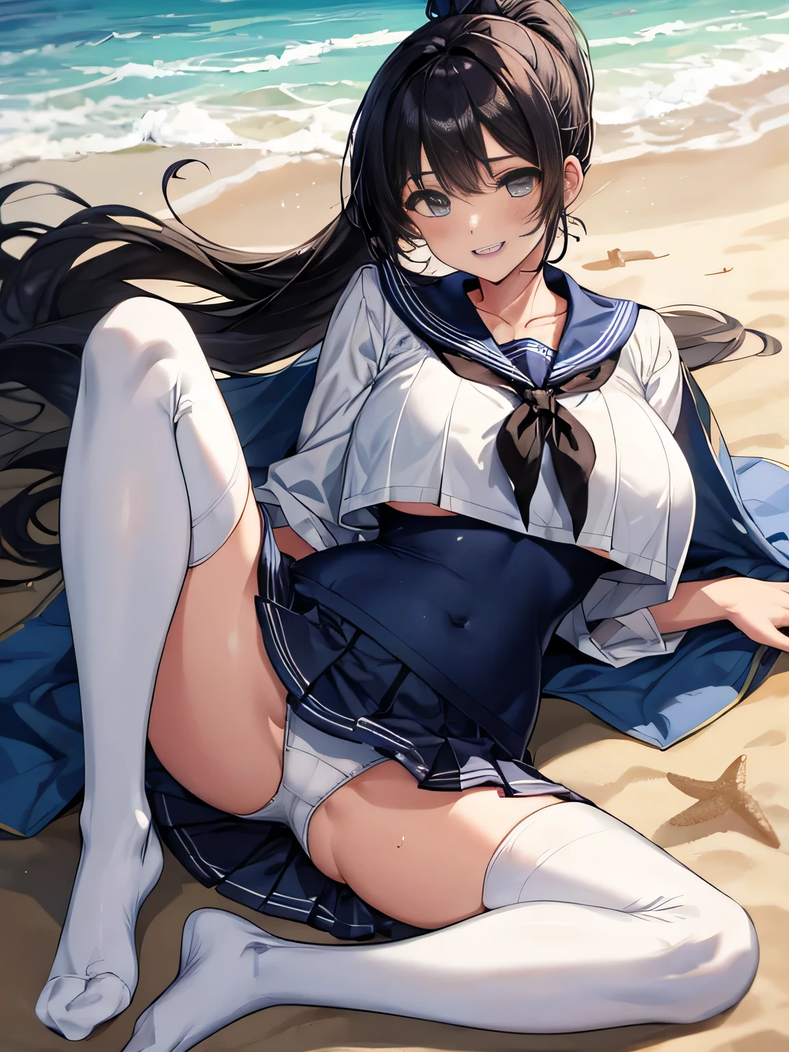 highest quality、High resolution、detailed background、Super detailed、beautiful and detailed face、beautiful and smooth skin、skin texture、professional lighting、Beautiful teenage girl、(huge breasts:1.1)、ponytail、thin sexy sailor suit、Wet白い薄いセーラー服、Wet白い薄いプリーツのミニスカート、Thin white knee high socks、emphasize the chest、underboob、legs open、panty shot、cute、show one&#39;~ side、open your legs、Thin white panties、
(Wet白い薄いセーラー服、white sailor collar)、lying on the beach、 
全身がWet、My clothes are Wet and transparent、Wet、soak in water、See through、
look at me with a sexual expression、Look at me happily、smile、panty shot、camel toe