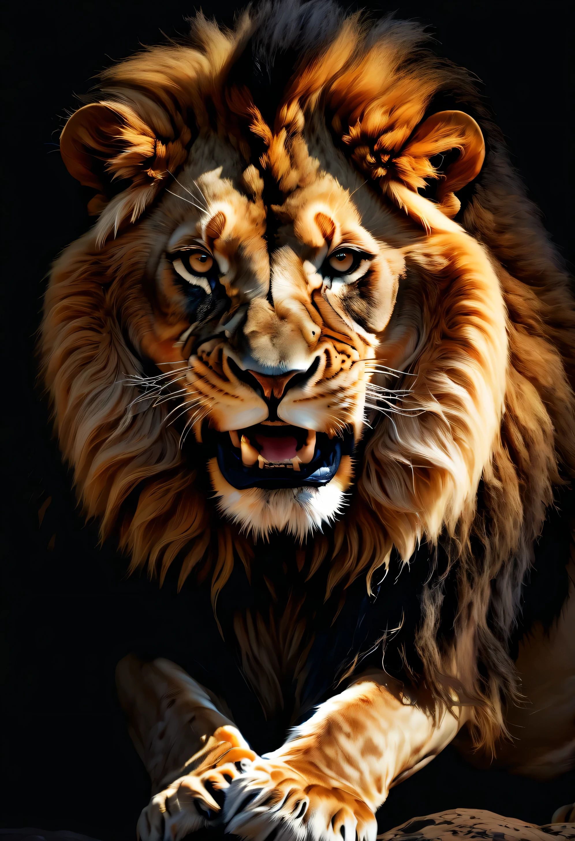 Ultra-realistic and captivating shot of a roaring lion in chiaroscuro, big, extreme details, looking at the viewer,