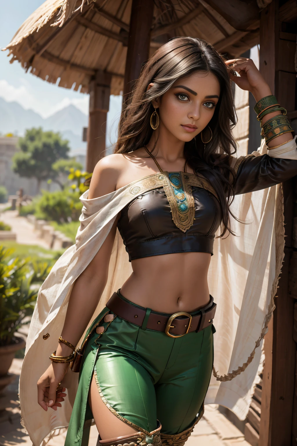 A stunning Indian beauty, with dark brown-black long wavey long hair, with mesmerizing feature masterpiece, top quality, best quality, official art, beautiful and aesthetic:1.2), (1girl), extreme detailed,(fractal art:1.3), colorful, highest detailed, (masterpiece, best quality:1.3) 1 bright-green-eyed woman, professional digital painting, Unreal Engine 5. wearing a Day dress in floral print, polka dots, modest tops, wide sleeves, or cape effect, slender bias cut body of dress that flared at the hem below the knee, matching thin belt with a high waist thick heeled full covered shoes, oxfords, Gloves gathered loosely at the cuff, holding a simple handbag with small angular hat and matching shoes, art deco jewelry earrings and braceletsHopeful expression, finely detailed eyes, happy mood, Wearing a full coverage blouse, epic scene, epic composition, Cinematic Lighting, Volumetric Lighting, ethereal light, intricate details, extremely detailed volumetric rays. [Beautiful girl in an Indian outfit, boho outfit, cheap ripped linen shirt and pants, oil painting, Detailed facial features, Sunlight, bright colors, dramatic lighting, expressive eyes and lips, High Resolution, 4K quality, Photorealistic]
