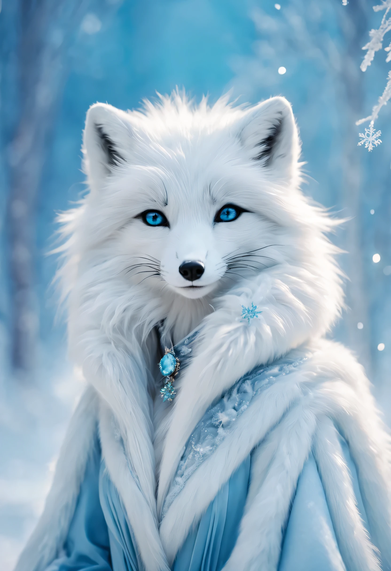 (best quality),Anthropomorphic arctic fox,dressed in fashionable clothes,fluffy fur,Ice blue and white palette,A few wisps of elegant snowflakes,Glowing snowflake accessories,bright colors,portrait style,fantasy theme,soft light,Meticulous attention to detail,Haute couture styling,graceful posture,dreamy atmosphere,Majestic and mysterious,exquisite craft。