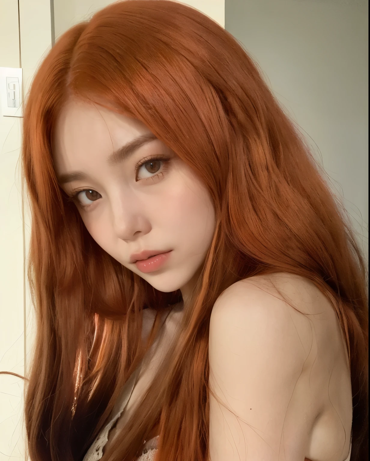 there is a woman with long red hair posing for a picture, she has long redorange hair, she has long orange brown hair, orange skin and long fiery hair, rusty colored long hair, long orange hair, madison beer as leeloo, red wig, brown-red-hair pretty face, reddish - brown, maiden with copper hair, brown red long hair, yunjin lesserafim