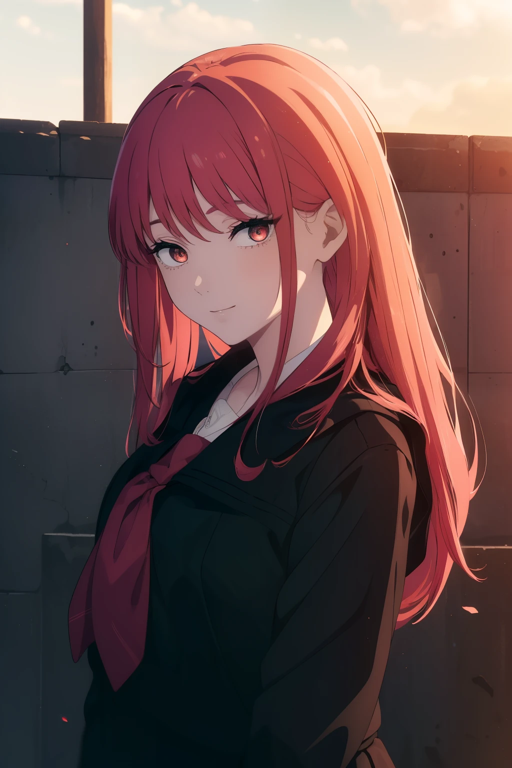 ((((Obra maestra, La mejor calidad, ultrahigh resolution)))), 1girl, looking at viewer, standing, upper body, red hair, beautiful face, outside, wind blowing, detailed face, eyeliner, detailed red gradient eyes, shiny red eyes, black pupils, school uniform, face focus, pretty smile, happy
