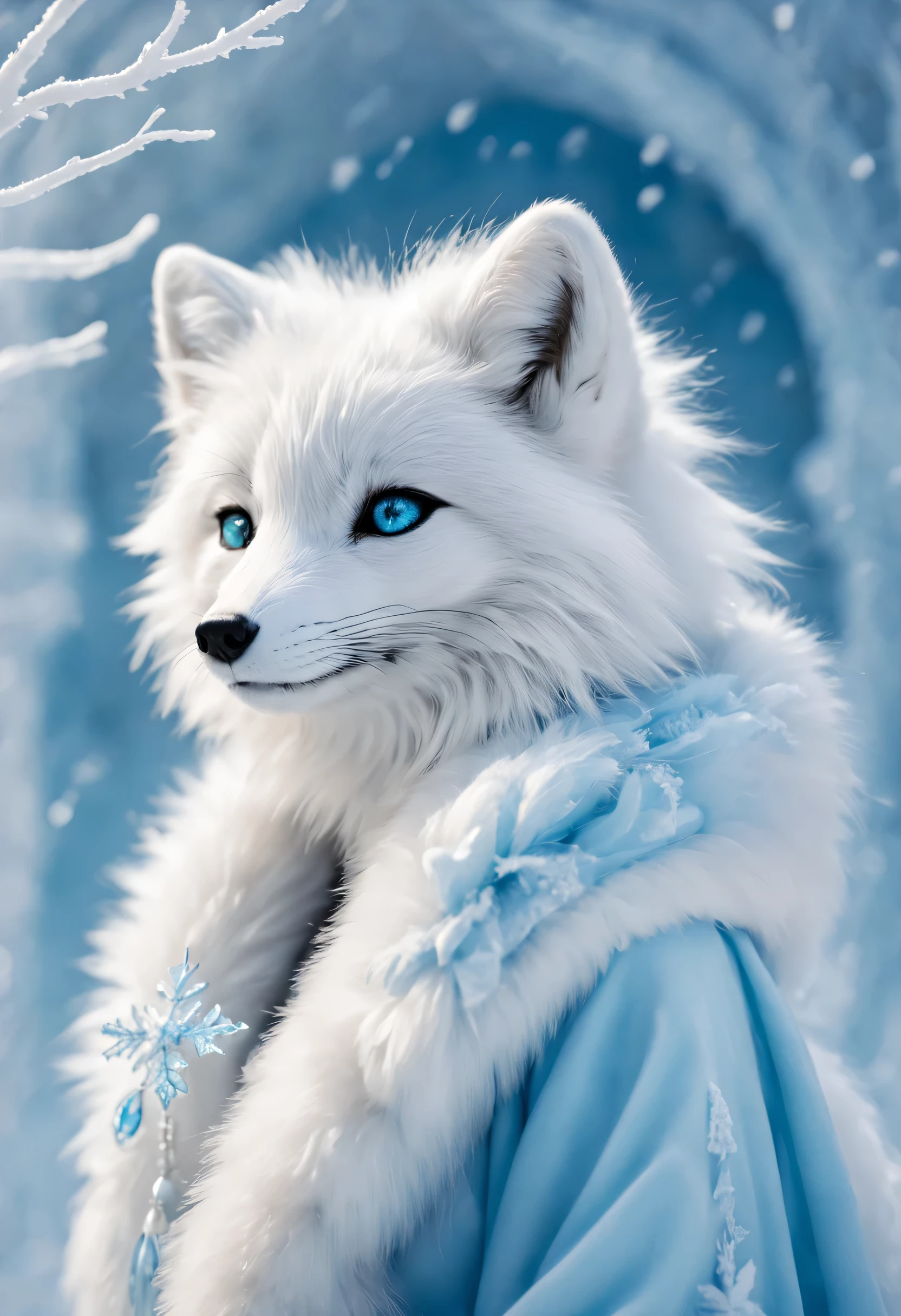 （best quality），Anthropomorphic arctic fox，dressed in fashionable clothes，fluffy fur，Ice blue and white palette，A few wisps of elegant snowflakes，Glowing snowflake accessories，bright colors，portrait style，fantasy theme，soft light，Meticulous attention to detail，Haute couture styling，graceful posture，dreamy atmosphere，Majestic and mysterious，exquisite craft。