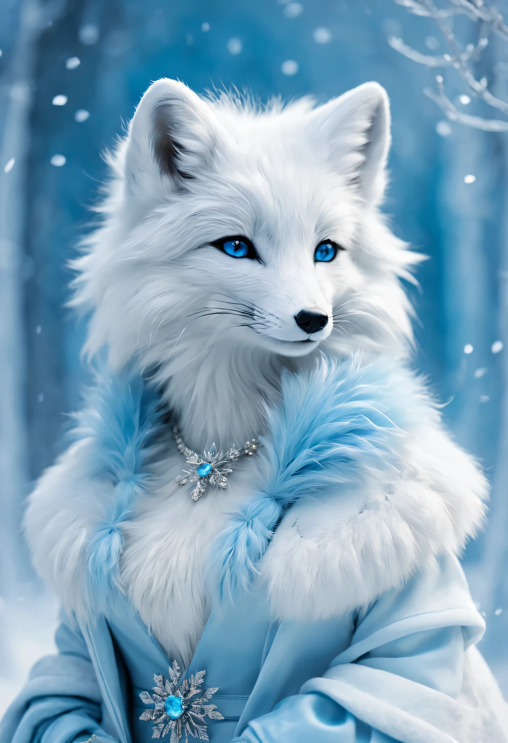 （best quality），Anthropomorphic arctic fox，dressed in fashionable clothes，fluffy fur，Ice blue and white palette，A few wisps of elegant snowflakes，Glowing snowflake accessories，bright colors，portrait style，fantasy theme，soft light，Meticulous attention to detail，Haute couture styling，graceful posture，dreamy atmosphere，Majestic and mysterious，exquisite craft。