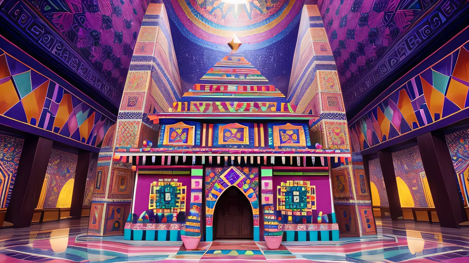"Experimenta un caleidoscopio de colores en una casa piramidal azteca hecha enteramente de cristales de caramelo, each carefully crafted to perfection."
