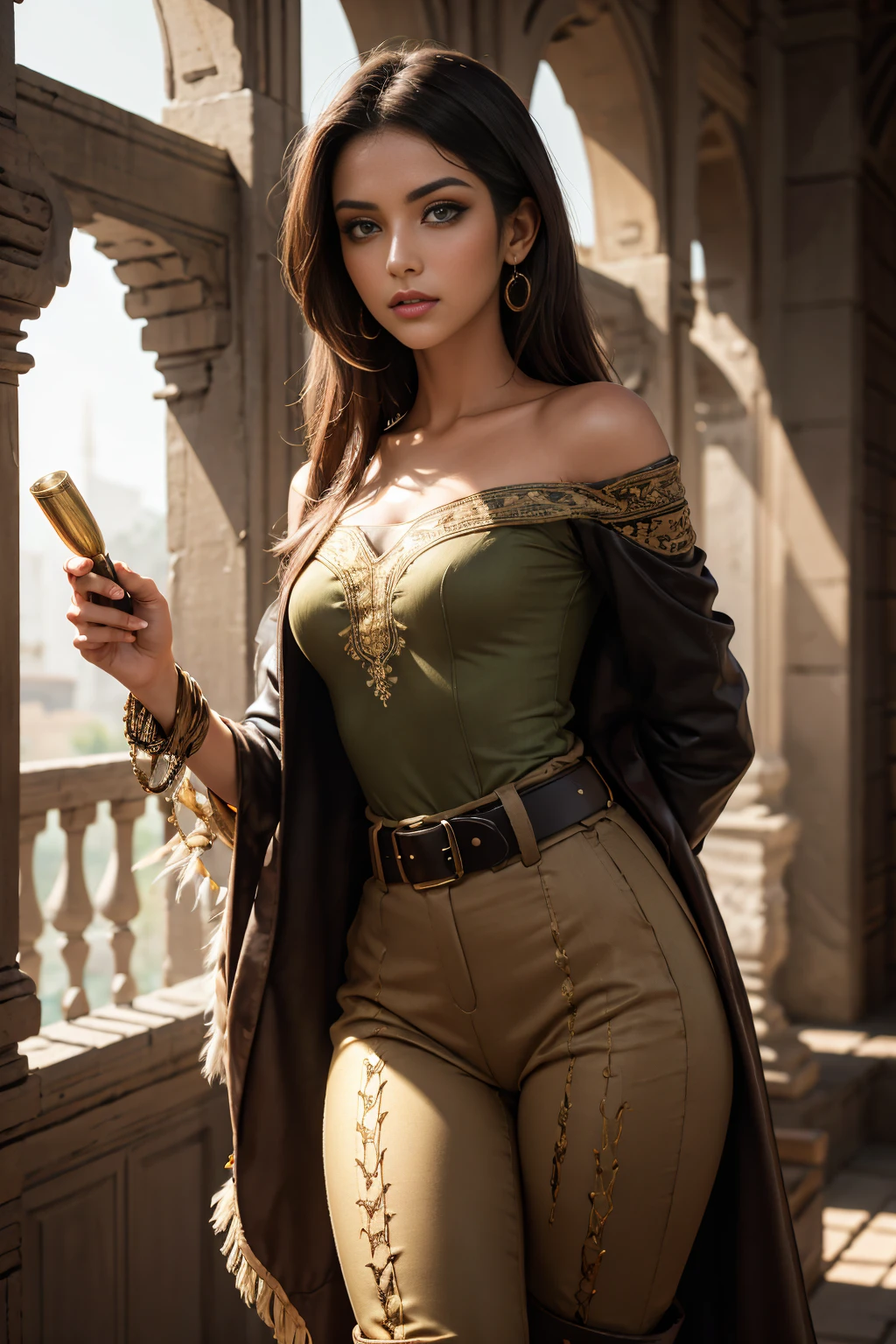 A stunning Indian beauty, with dark brown-black long wavey long hair, with mesmerizing feature masterpiece, top quality, best quality, official art, beautiful and aesthetic:1.2), (1girl), extreme detailed,(fractal art:1.3), colorful, highest detailed, (masterpiece, best quality:1.3) 1 bright-green-eyed woman, professional digital painting, Unreal Engine 5. wearing a Day dress in floral print, polka dots, modest tops, wide sleeves, or cape effect, slender bias cut body of dress that flared at the hem below the knee, matching thin belt with a high waist thick heeled full covered shoes, oxfords, Gloves gathered loosely at the cuff, holding a simple handbag with small angular hat and matching shoes, art deco jewelry earrings and braceletsHopeful expression, finely detailed eyes, happy mood, Wearing a full coverage blouse, epic scene, epic composition, Cinematic Lighting, Volumetric Lighting, ethereal light, intricate details, extremely detailed volumetric rays. [Beautiful girl in an Indian outfit, boho outfit, cheap ripped linen shirt and pants, oil painting, Detailed facial features, Sunlight, bright colors, dramatic lighting, expressive eyes and lips, High Resolution, 4K quality, Photorealistic]
