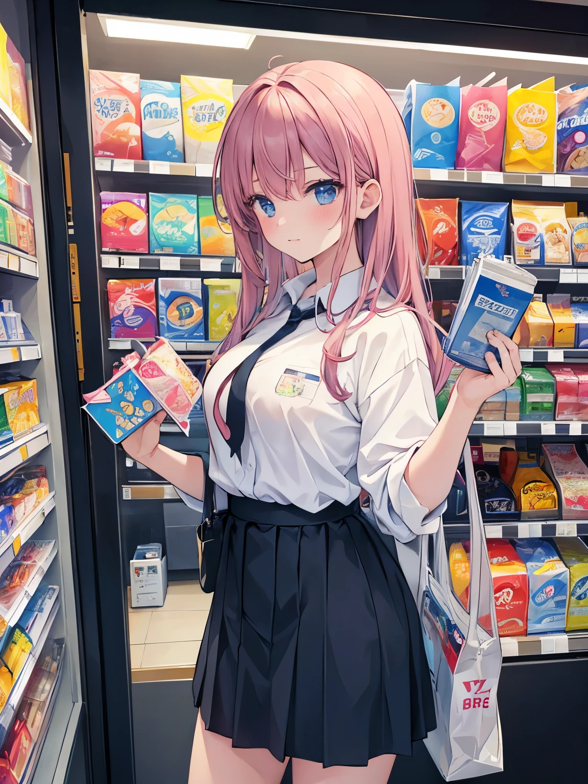 masterpiece, {{{{Highest quality}}}}, beautiful,1 girl, Convenience store, Convenience store clerk, Convenience store clerk's uniform, {{{embarrassed}}},
