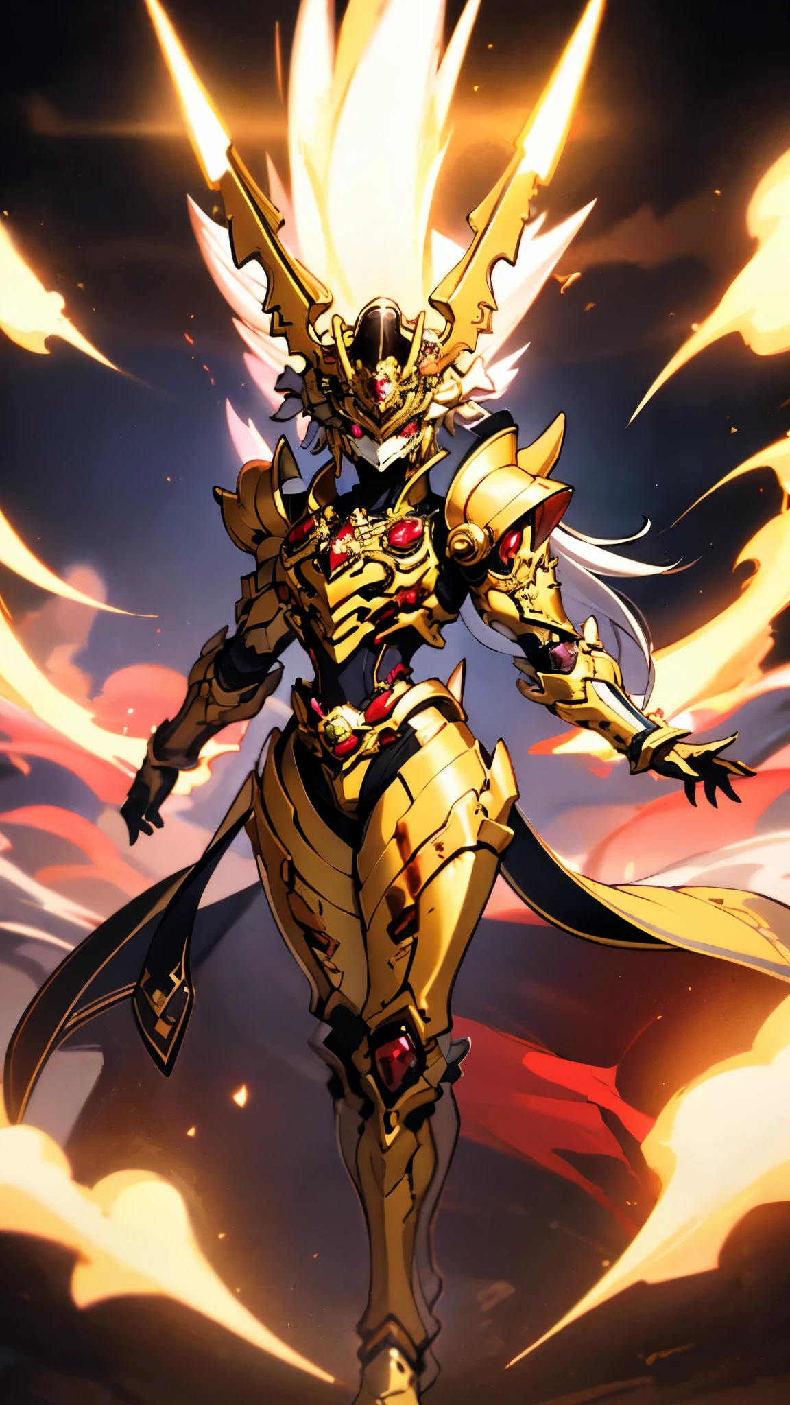 A woman adorned in fantasy-style full-body armor, a crown-concept fully enclosed helmet that unveils only her eyes, a composite layered chest plate, fully encompassing shoulder and hand guards, a lightweight waist armor, form-fitting shin guards, the overall design is heavy-duty yet flexible, ((the armor gleams with a golden glow, complemented by red and blue accents)), exhibiting a noble aura, she floats above a fantasy-surreal high-tech city, this character embodies a finely crafted fantasy-surreal style armored hero in anime style, exquisite and mature manga art style, (Queen bee mixed with Spider concept Armor, plasma, blood), ((Element, energy, elegant, goddess, femminine:1.5)), metallic, high definition, best quality, highres, ultra-detailed, ultra-fine painting, extremely delicate, professional, anatomically correct, symmetrical face, extremely detailed eyes and face, high quality eyes, creativity, RAW photo, UHD, 32k, Natural light, cinematic lighting, masterpiece-anatomy-perfect, masterpiece:1.5