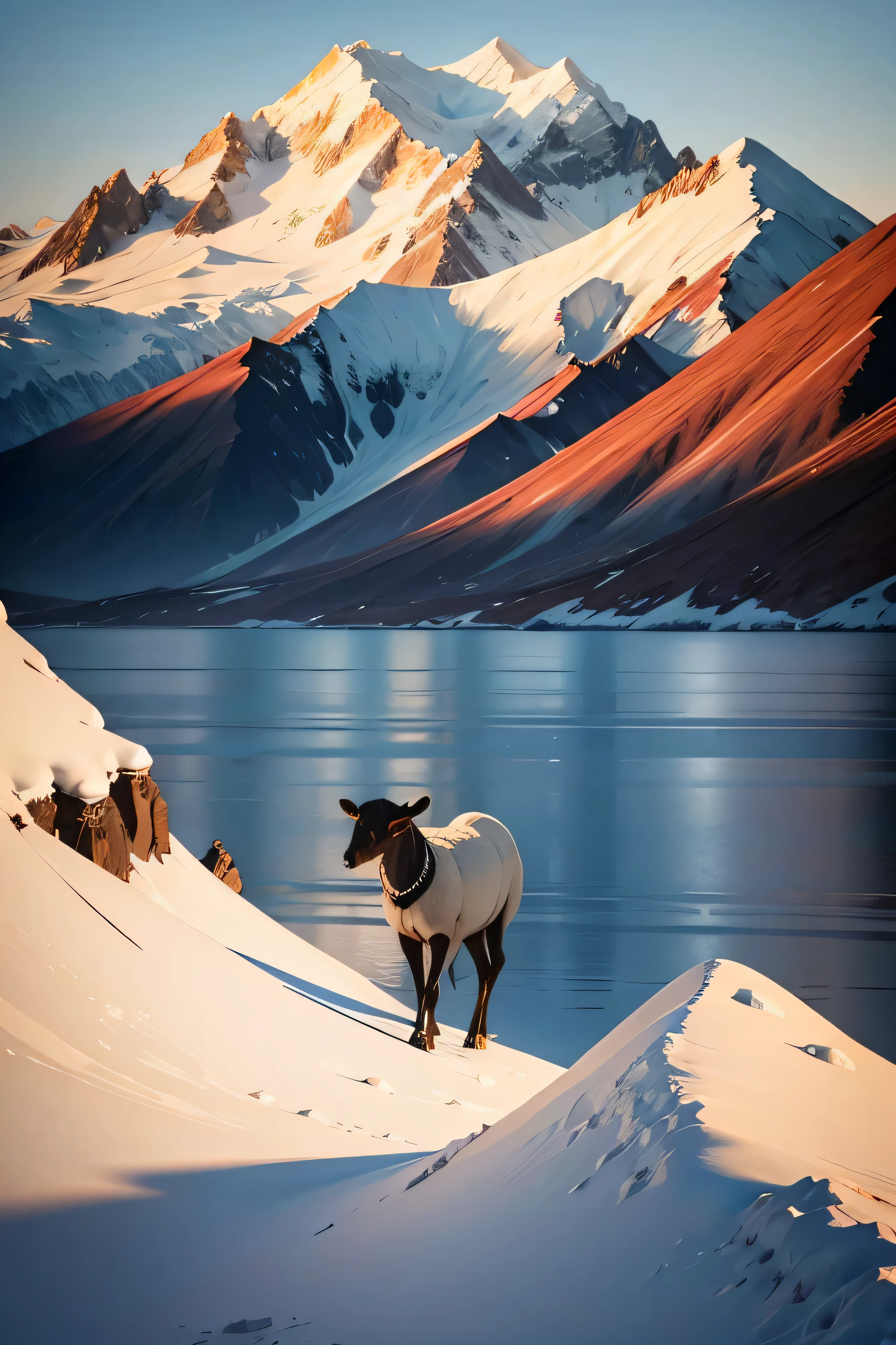 vector-style illustration of Mount Denali, dali sheep with horns, white show peak on mountain, daylight, 8k realistic, lake setting