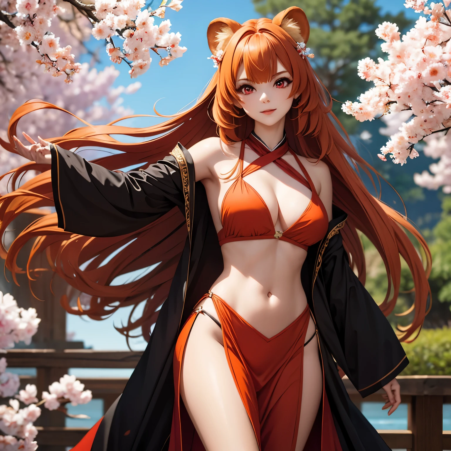 beautiful woman 21 years old with round bear ears ruby red eyes and bright orange blonde hair , rubor sonrisa alegre, pechos grandes low-cut orange and black exotic dancer costume, pechos grandes, japanese garden background cherry tree.. low-cut orange and black exotic dancer costume
