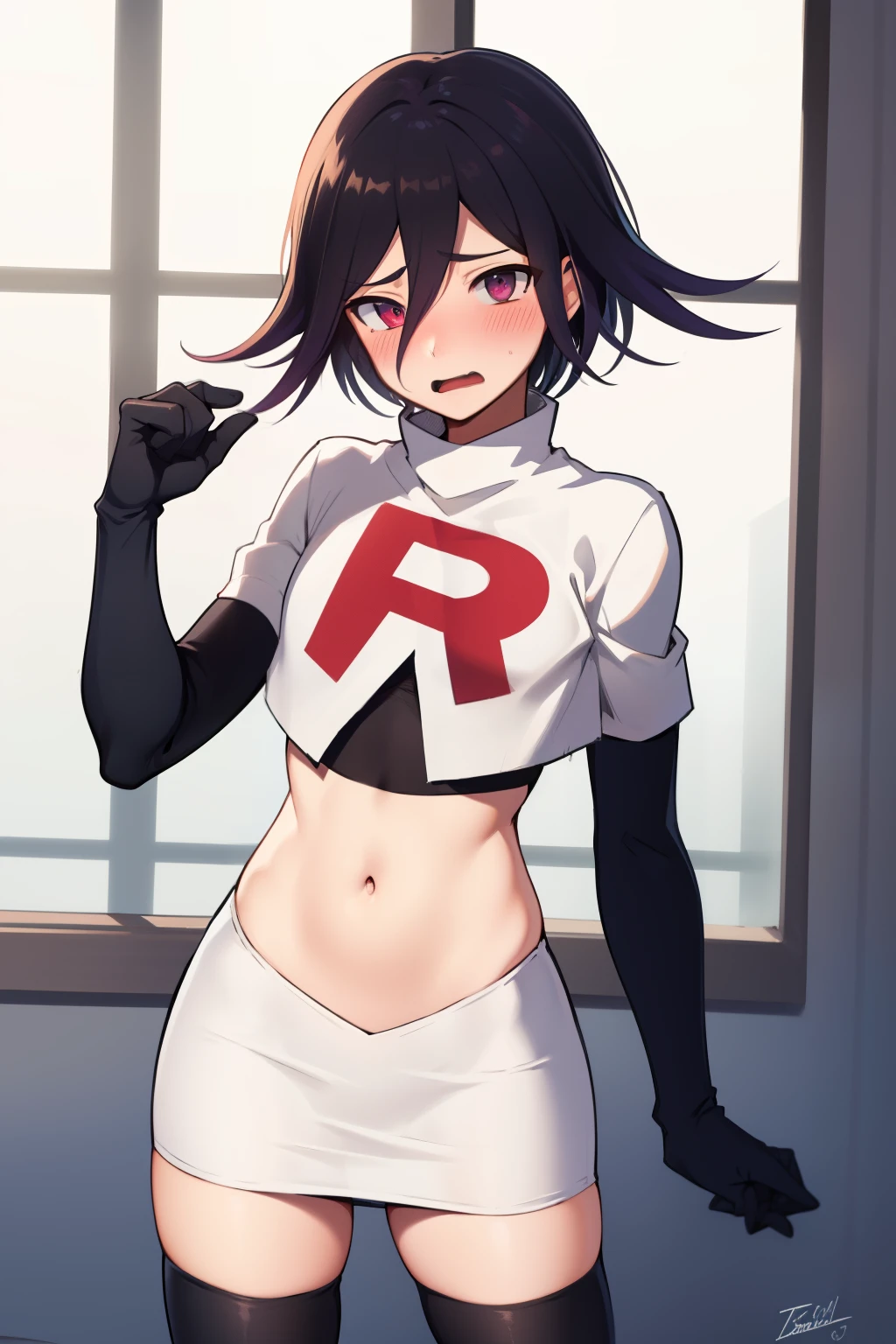 absurdres, cowboy shot, solo, male focus, trap, 1boy, crossdressing,1boy, oma kokichi, team rocket,team rocket uniform,white skirt,red letter R,crop top,black thigh-highs,black elbow gloves, embarrassed, blush