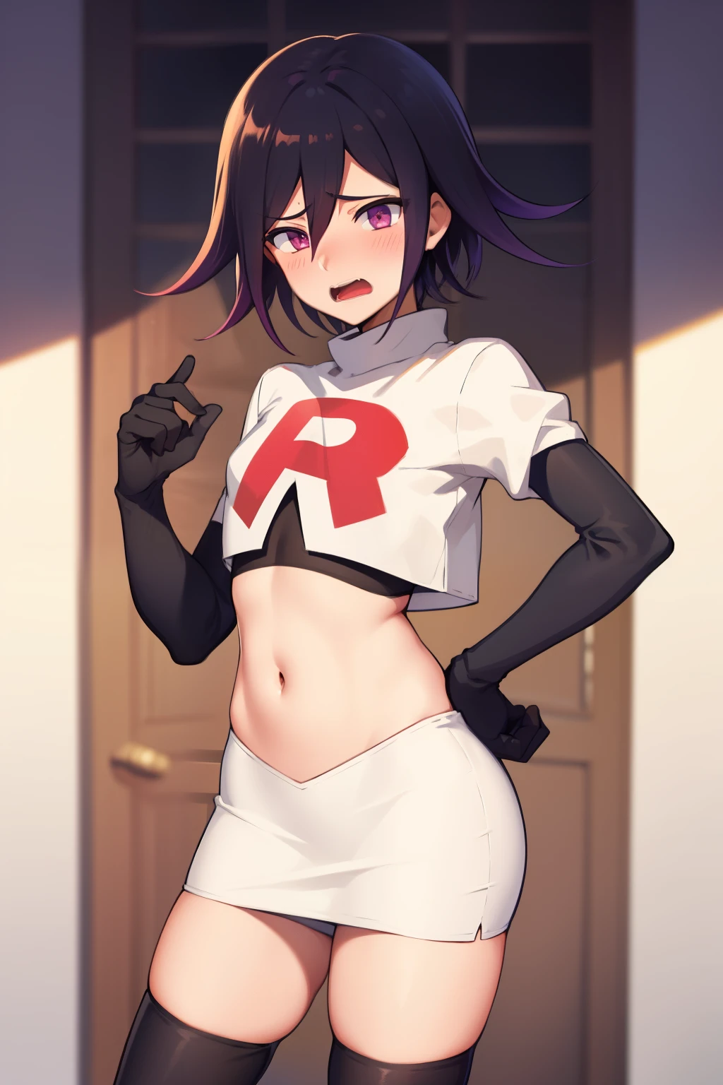 absurdres, cowboy shot, solo, male focus, trap, 1boy, crossdressing,1boy, oma kokichi, team rocket,team rocket uniform,white skirt,red letter R,crop top,black thigh-highs,black elbow gloves, embarrassed, blush