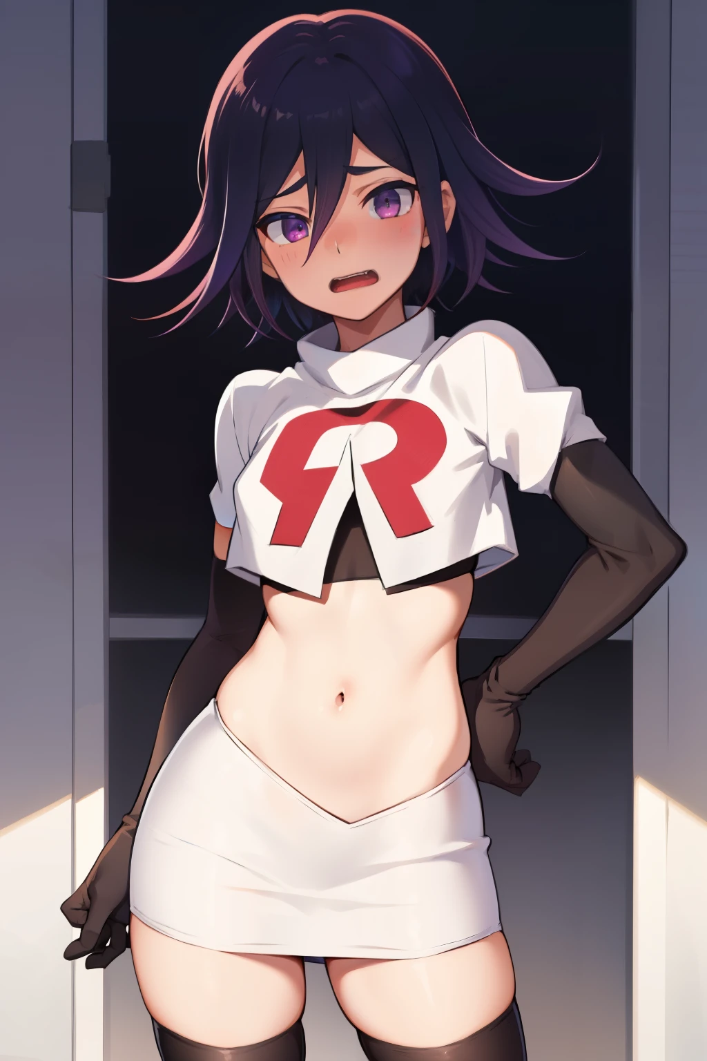 absurdres, cowboy shot, solo, male focus, trap, 1boy, crossdressing,1boy, oma kokichi, team rocket,team rocket uniform,white skirt,red letter R,crop top,black thigh-highs,black elbow gloves, embarrassed, blush