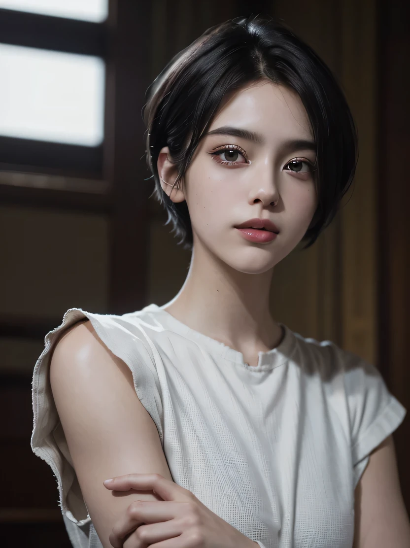 Best quality, masterpiece, ultra high res, (photorealistic:1.5), raw photo, 1girl, offshoulder, in the dark, deep shadow, low key, cold light, sexy look, short hair