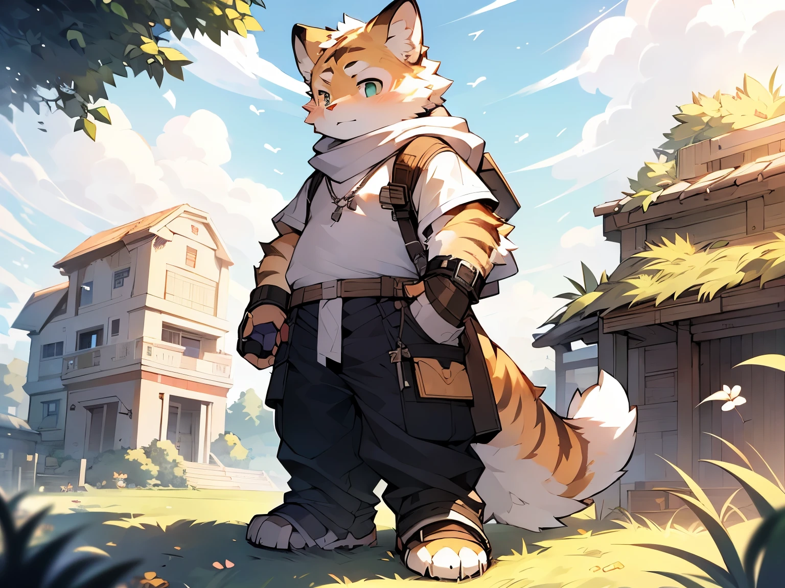 Masterpiece, Best quality, Perfect anatomy, author：K0bit0wani, author：Milk Tiger 1145, (author：Dex:0.3), Furry, White fur ,coyote, tiny ears, Solo, Male, baggy pants, Skinny white vest, white Scarf , Wear a watch on wrist , Eau, Abs, Small raised, Slightly chubby figure, holding Sword, stand,Prepare for battle, Flaming Sword , Grass，Shota，Libido boy