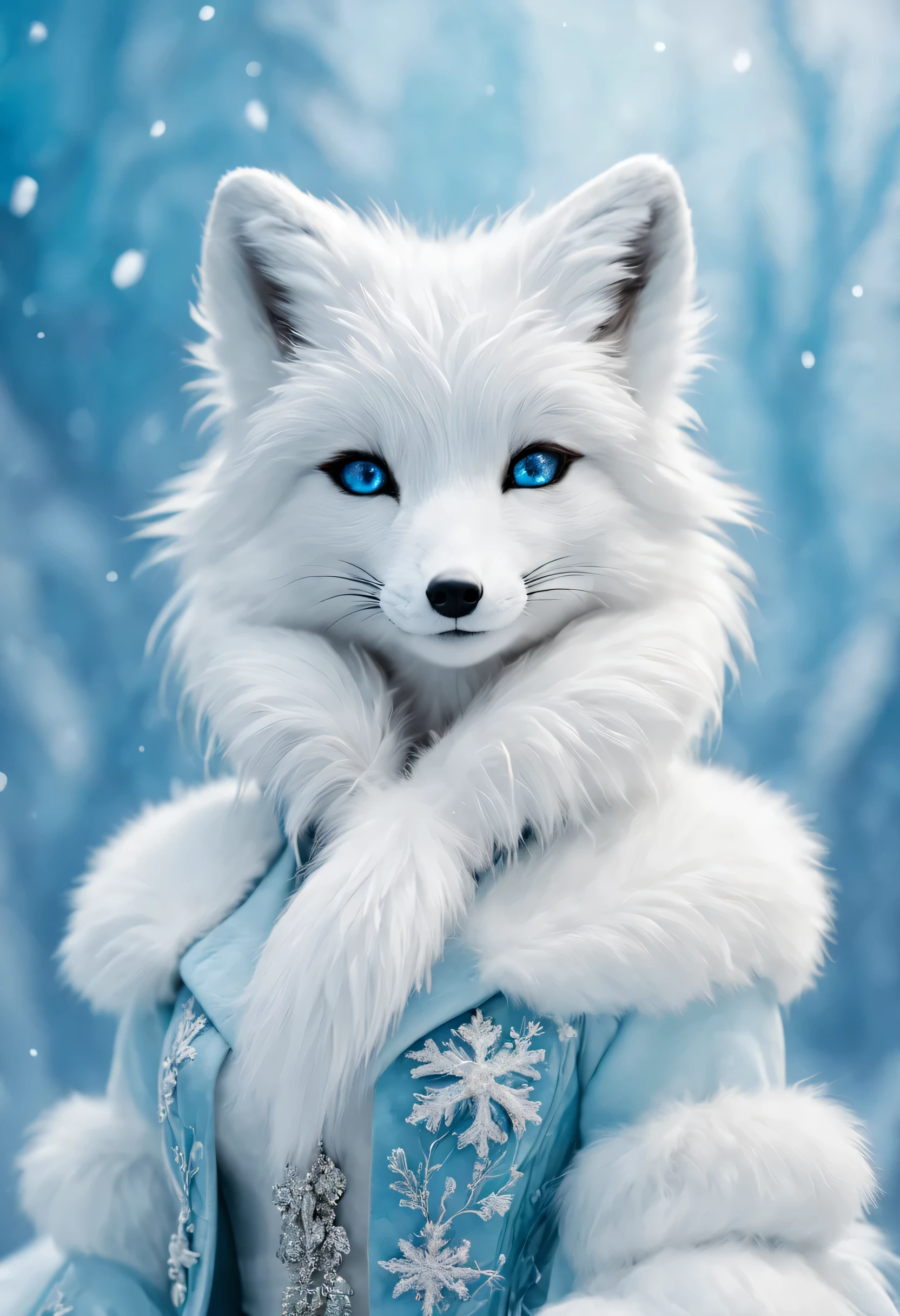 （best quality），Anthropomorphic arctic fox，dressed in fashionable clothes，fluffy fur，Ice blue and white palette，A few wisps of elegant snowflakes，Glowing snowflake accessories，bright colors，portrait style，fantasy theme，soft light，Meticulous attention to detail，Haute couture styling，graceful posture，dreamy atmosphere，Majestic and mysterious，exquisite craft。
