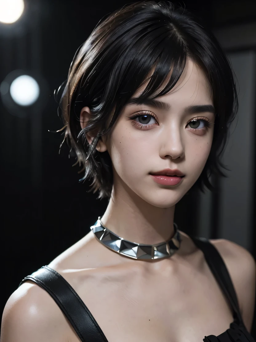 ((masterpiece、highest quality、Super detailed、High resolution、realistic、sharp focus、cinematic lighting))、(1 girl)、bust shot、(black hair、boyish short hair、high top fade、all back)、beautiful face、beautiful hairstyle、symmetrical eyes、beautiful eyes、beautiful skin、smile、attractive appearance、fold your arms、punkロックファッション、view audience、punk