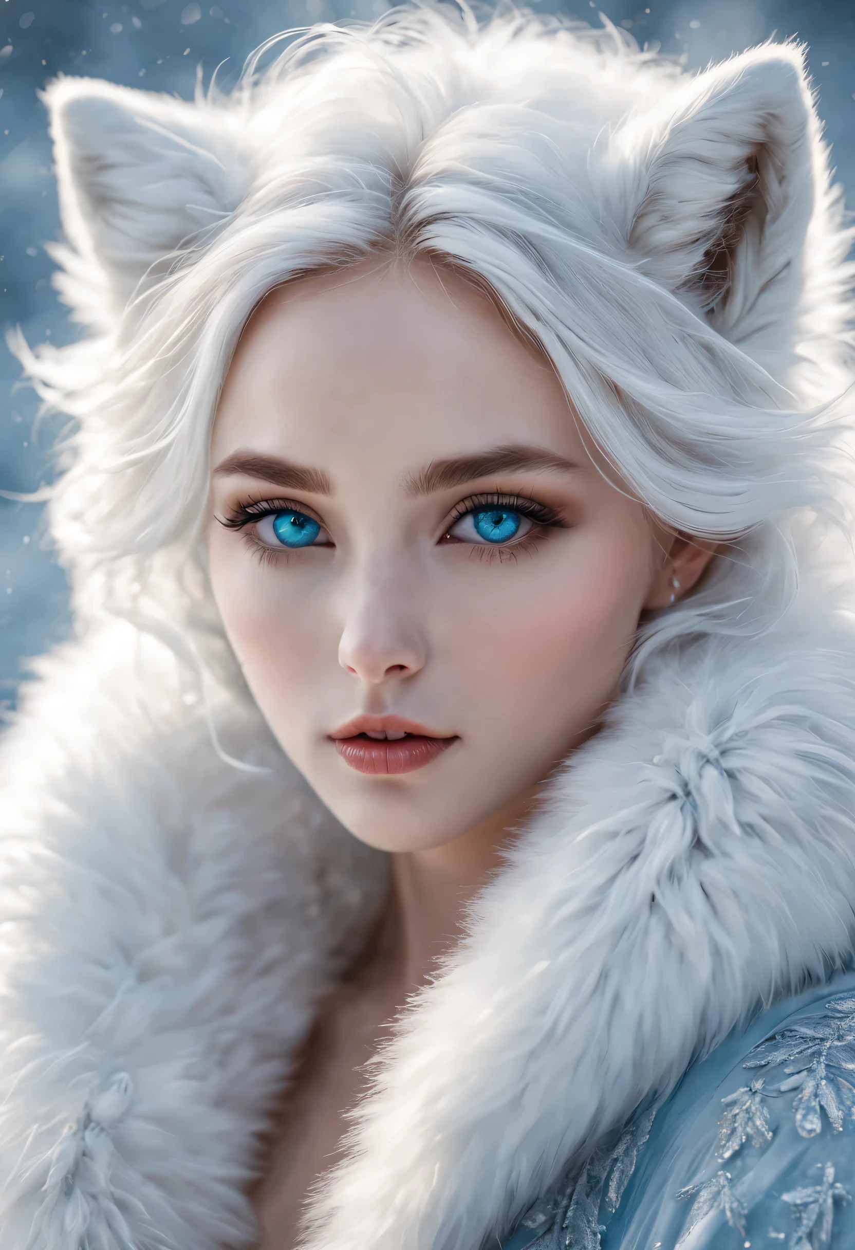 (best quality,high resolution),Arctic Fox Girl,Beautiful and delicate eyes,Beautiful and delicate lips,long eyelashes,dressed in fashionable clothes,fluffy fur,sparkling blue eyes,fashion makeup,icy blue and white palette,Flowing snowflakes,Glowing snowflake accessories,bright colors,The harmonious fusion of fur and clothing,portrait style,fantasy theme,soft light,Meticulous attention to detail,Haute couture styling,graceful posture,dreamlike atmosphere,Beautiful features,sharp gaze,The wind blew through her fur,Majestic and mysterious,There&#39;s a subtle shimmer on her skin,exquisite craft.