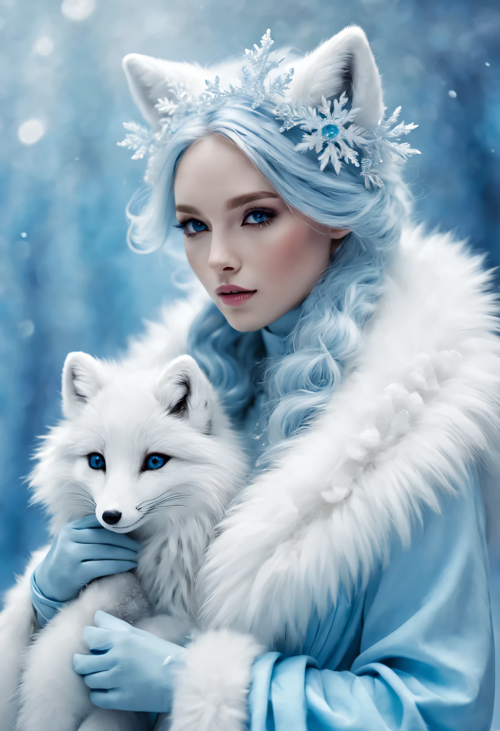 (best quality),Anthropomorphic arctic fox,dressed in fashionable clothes,fluffy fur,Ice blue and white palette,A few wisps of elegant snowflakes,Glowing snowflake accessories,bright colors,portrait style,fantasy theme,soft light,Meticulous attention to detail,Haute couture styling,graceful posture,dreamy atmosphere,Majestic and mysterious,exquisite craft。
