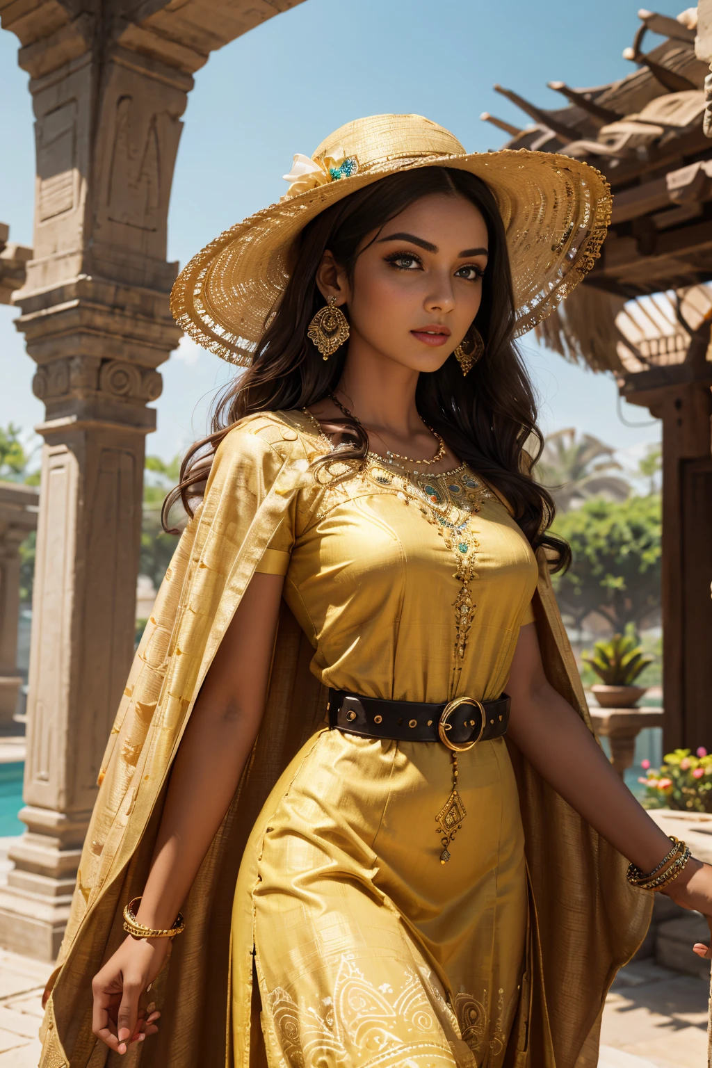 A stunning Indian beauty, with dark brown-black long wavey long hair, with mesmerizing feature masterpiece, top quality, best quality, official art, beautiful and aesthetic:1.2), (1girl), extreme detailed,(fractal art:1.3), colorful, highest detailed, (masterpiece, best quality:1.3) 1 bright-green-eyed woman, professional digital painting, Unreal Engine 5. wearing a Day dress in floral print, polka dots, modest tops, wide sleeves, or cape effect, slender bias cut body of dress that flared at the hem below the knee, matching thin belt with a high waist thick heeled full covered shoes, oxfords, Gloves gathered loosely at the cuff, holding a simple handbag with small angular hat and matching shoes, art deco jewelry earrings and braceletsHopeful expression, finely detailed eyes, happy mood, Wearing a full coverage blouse, epic scene, epic composition, Cinematic Lighting, Volumetric Lighting, ethereal light, intricate details, extremely detailed volumetric rays. [Beautiful girl in an Indian outfit, boho outfit, cheap ripped linen shirt and pants, oil painting, Detailed facial features, Sunlight, bright colors, dramatic lighting, expressive eyes and lips, High Resolution, 4K quality, Photorealistic]
