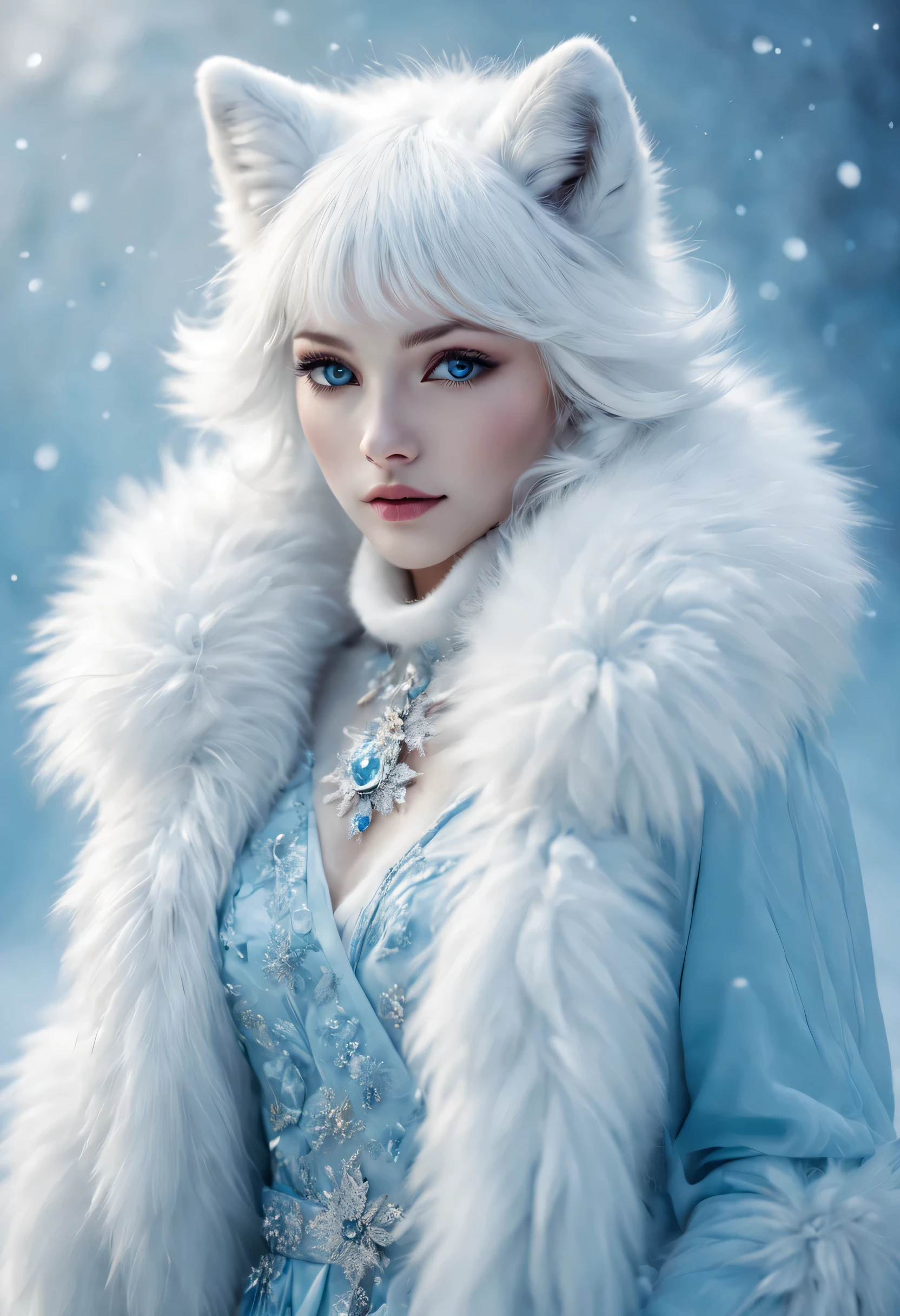 (best quality),Anthropomorphic arctic fox,dressed in fashionable clothes,fluffy fur,Ice blue and white palette,A few wisps of elegant snowflakes,Glowing snowflake accessories,bright colors,portrait style,fantasy theme,soft light,Meticulous attention to detail,Haute couture styling,graceful posture,dreamy atmosphere,Majestic and mysterious,exquisite craft。