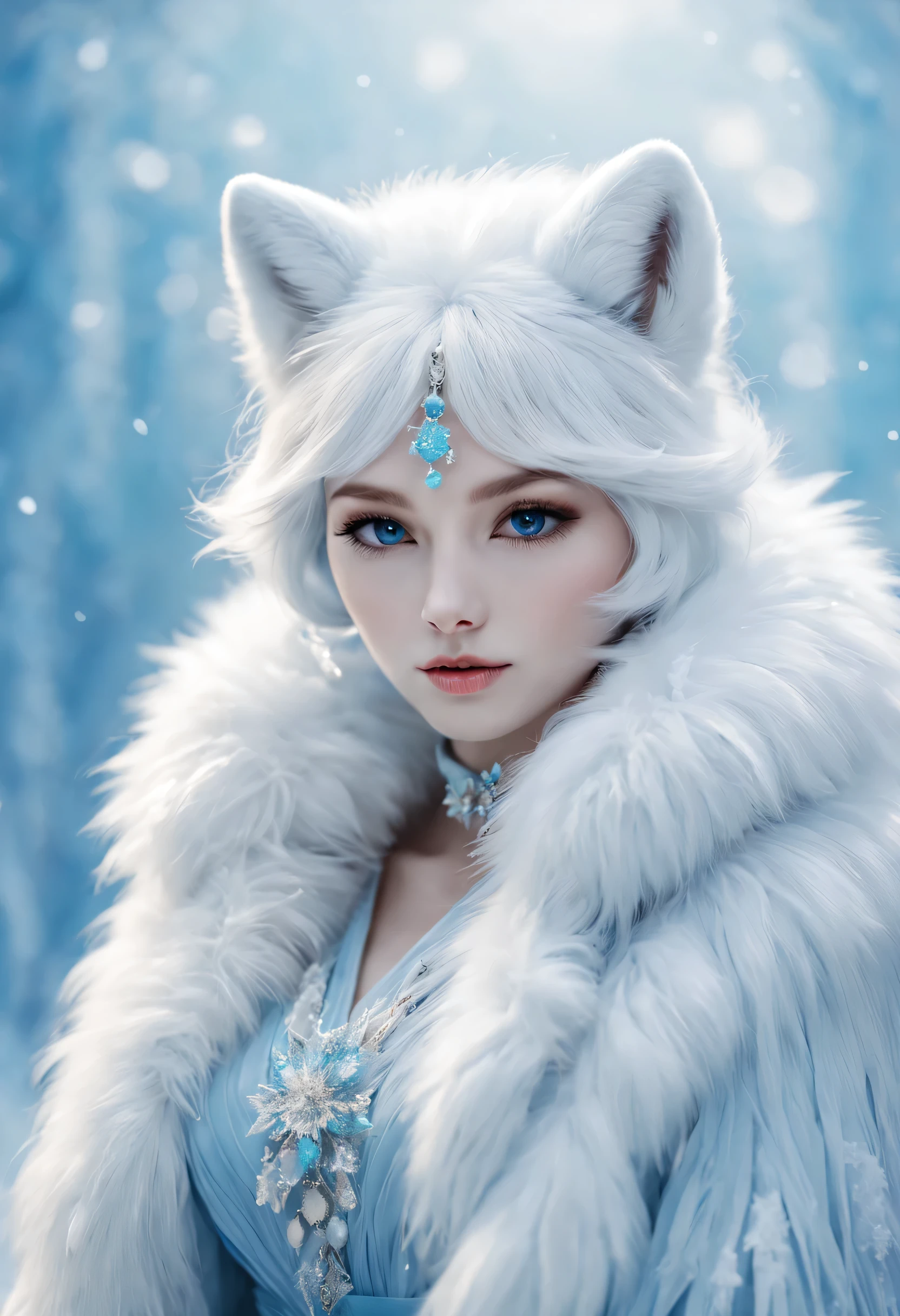 （best quality），Anthropomorphic arctic fox，dressed in fashionable clothes，fluffy fur，Ice blue and white palette，A few wisps of elegant snowflakes，Glowing snowflake accessories，bright colors，portrait style，fantasy theme，soft light，Meticulous attention to detail，Haute couture styling，graceful posture，dreamy atmosphere，Majestic and mysterious，exquisite craft。