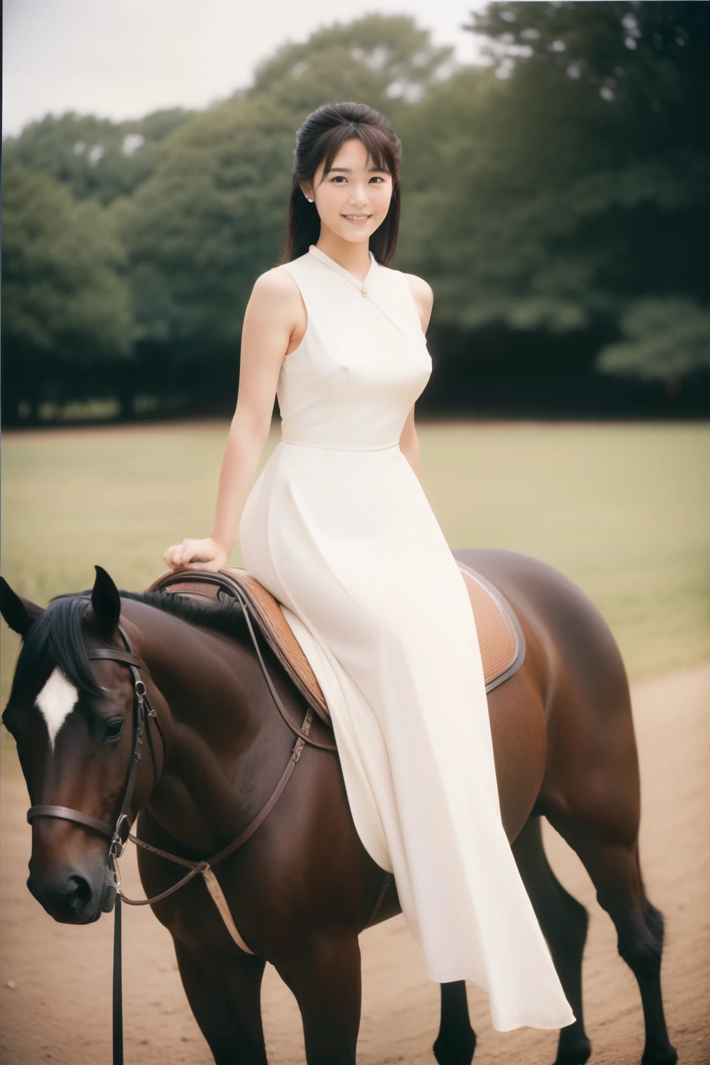 Polaroid photo taken in 1990, Teenage Japanese princess riding a horse at a ranch, Full body image of Japanese Teenage Princess, Elegant upper-class elite secretary, facing the camera,  Elegant smiles, light makeup,  Beautifully trimmed black hair, white skin, Wear a tight dress, out of focus