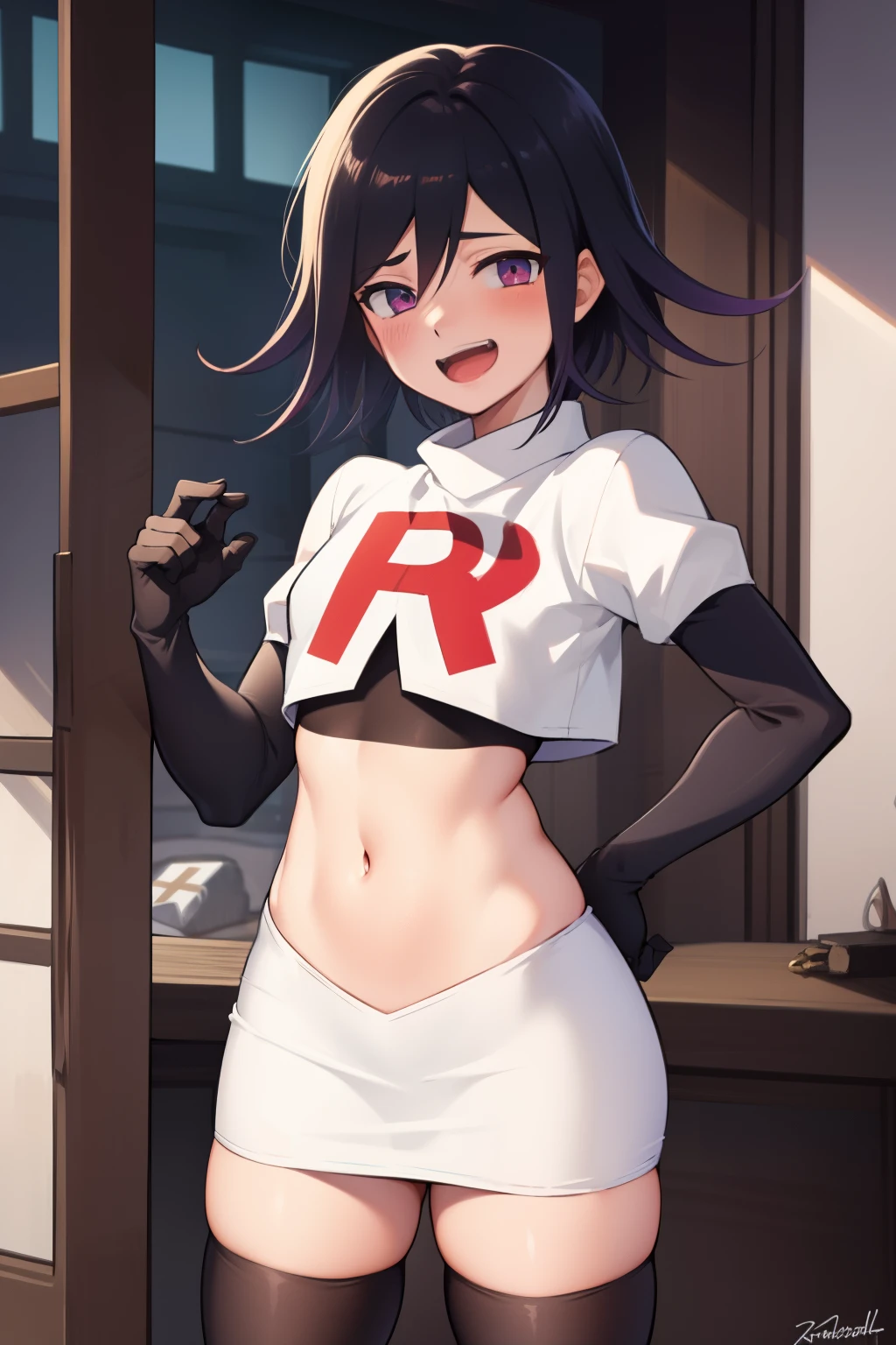 absurdres, cowboy shot, solo, male focus, trap, 1boy, crossdressing,1boy, oma kokichi, team rocket,team rocket uniform,white skirt,red letter R,crop top,black thigh-highs,black elbow gloves, evil laugh, blush