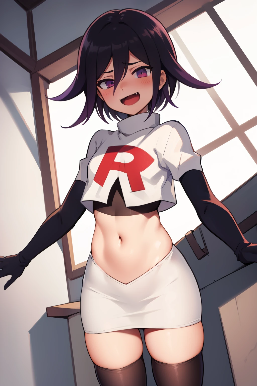 absurdres, cowboy shot, solo, male focus, trap, 1boy, crossdressing,1boy, oma kokichi, team rocket,team rocket uniform,white skirt,red letter R,crop top,black thigh-highs,black elbow gloves, evil laugh, blush