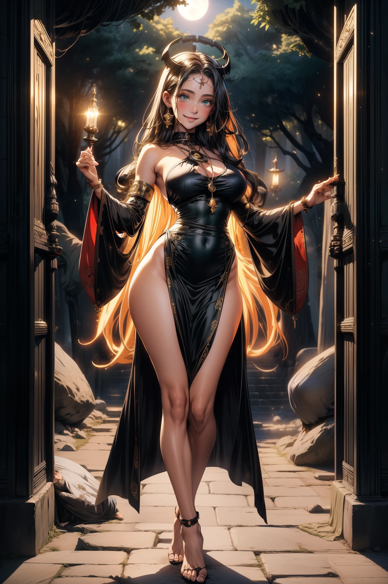 (best quality, masterpiece, ultra high resolution), (8k wallpaper, high-definition, HDR, RAW), (authenticity: 1.4), (full body shot), 1girl, ((Anime Priestess)), ((tall)), ((Pretty Anime Girl)), ((Lunar Priestess outfit)), ((Green eyes)), long white curly hair, amazing curvy body, female curves, huge breasts, large breasts, thick thighs, sexy flat tummy, perfect hands, ((wearing sexy black dress)), ((Tight dress)), bare foot, standing, ((Sexy smile)), On the magic gate of a temple, temple made of stone, temple covered by moss, Blue mist, Cave illumination, Inside illumination