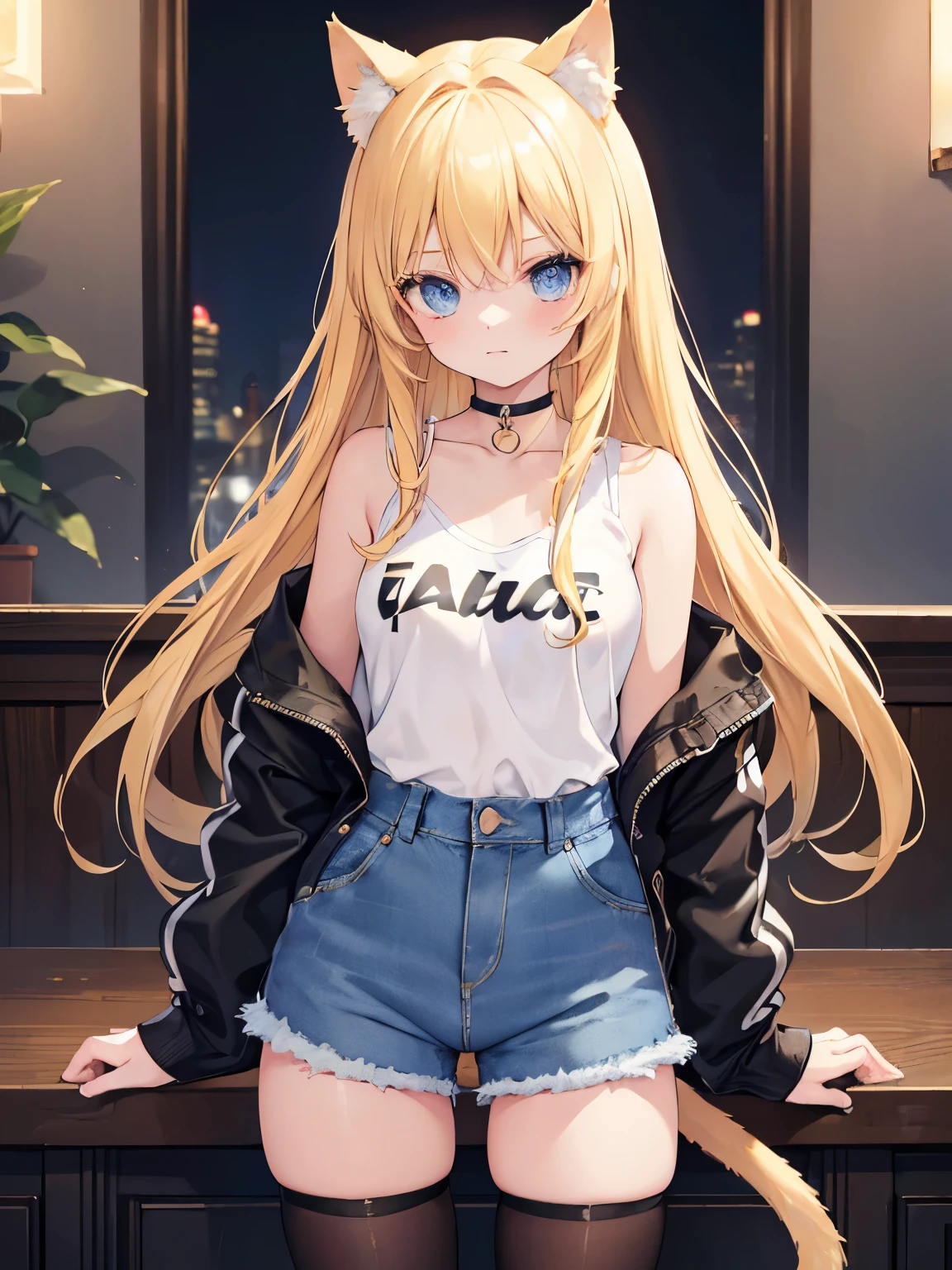 masterpiece, {{{{Highest quality}}}}, beautiful,1 girl, blonde_hair, cat ears(blonde), cat tail(blonde), denim
short shorts, denim shorts, denim shortpants, denim, black thighhighs, thighhighs, zettai ryouiki, denim shortpants, jacket, a choker