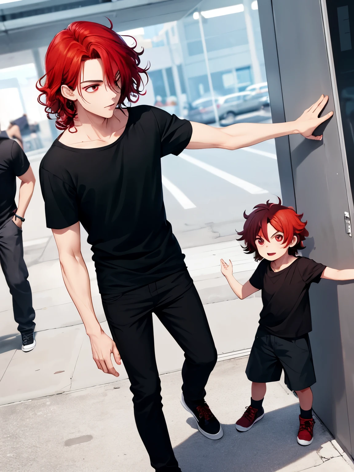 1boy, cool style,Black t-shirt, Facing right, look away, hitting people,camera angle from the side,handsome,Shoulder length hair,curly hair, full body photo,red hair,black trousers, black shirt, red eyes, vampire