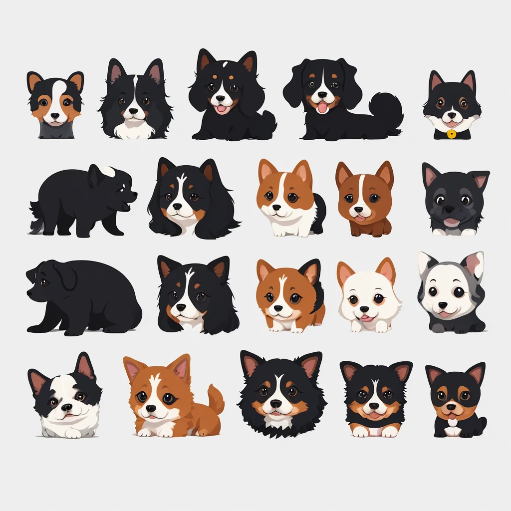 Cute dogs, AI-inspired characters, Instagram icons, deformed, vintage colors, minimalist, simple logos