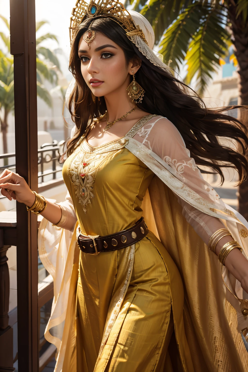 A stunning Indian beauty, with dark brown-black long wavey long hair, with mesmerizing feature masterpiece, top quality, best quality, official art, beautiful and aesthetic:1.2), (1girl), extreme detailed,(fractal art:1.3), colorful, highest detailed, (masterpiece, best quality:1.3) 1 bright-green-eyed woman, professional digital painting, Unreal Engine 5. wearing a Day dress in floral print, polka dots, modest tops, wide sleeves, or cape effect, slender bias cut body of dress that flared at the hem below the knee, matching thin belt with a high waist thick heeled full covered shoes, oxfords, Gloves gathered loosely at the cuff, holding a simple handbag with small angular hat and matching shoes, art deco jewelry earrings and braceletsHopeful expression, finely detailed eyes, happy mood, Wearing a full coverage blouse, epic scene, epic composition, Cinematic Lighting, Volumetric Lighting, ethereal light, intricate details, extremely detailed volumetric rays. [Beautiful girl in an Indian outfit, boho outfit, cheap ripped linen shirt and pants, oil painting, Detailed facial features, Sunlight, bright colors, dramatic lighting, expressive eyes and lips, High Resolution, 4K quality, Photorealistic]
