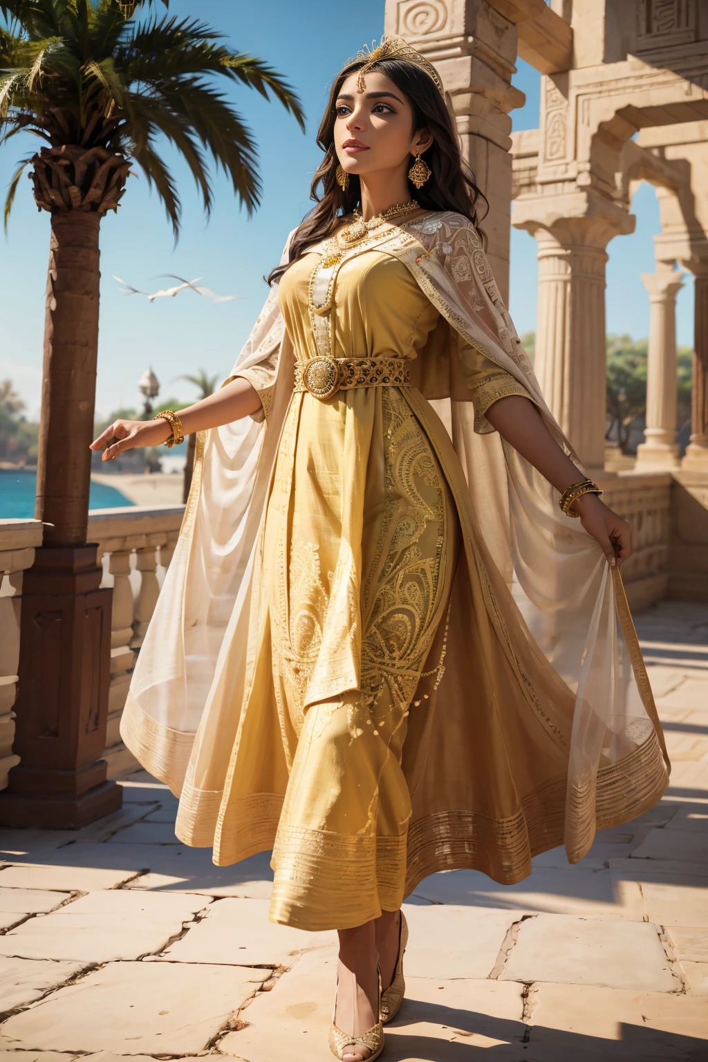 A stunning Indian beauty, with dark brown-black long wavey long hair, with mesmerizing feature masterpiece, top quality, best quality, official art, beautiful and aesthetic:1.2), (1girl), extreme detailed,(fractal art:1.3), colorful, highest detailed, (masterpiece, best quality:1.3) 1 bright-green-eyed woman, professional digital painting, Unreal Engine 5. wearing a Day dress in floral print, polka dots, modest tops, wide sleeves, or cape effect, slender bias cut body of dress that flared at the hem below the knee, matching thin belt with a high waist thick heeled full covered shoes, oxfords, Gloves gathered loosely at the cuff, holding a simple handbag with small angular hat and matching shoes, art deco jewelry earrings and braceletsHopeful expression, finely detailed eyes, happy mood, Wearing a full coverage blouse, epic scene, epic composition, Cinematic Lighting, Volumetric Lighting, ethereal light, intricate details, extremely detailed volumetric rays. [Beautiful girl in an Indian outfit, boho outfit, cheap ripped linen shirt and pants, oil painting, Detailed facial features, Sunlight, bright colors, dramatic lighting, expressive eyes and lips, High Resolution, 4K quality, Photorealistic]
